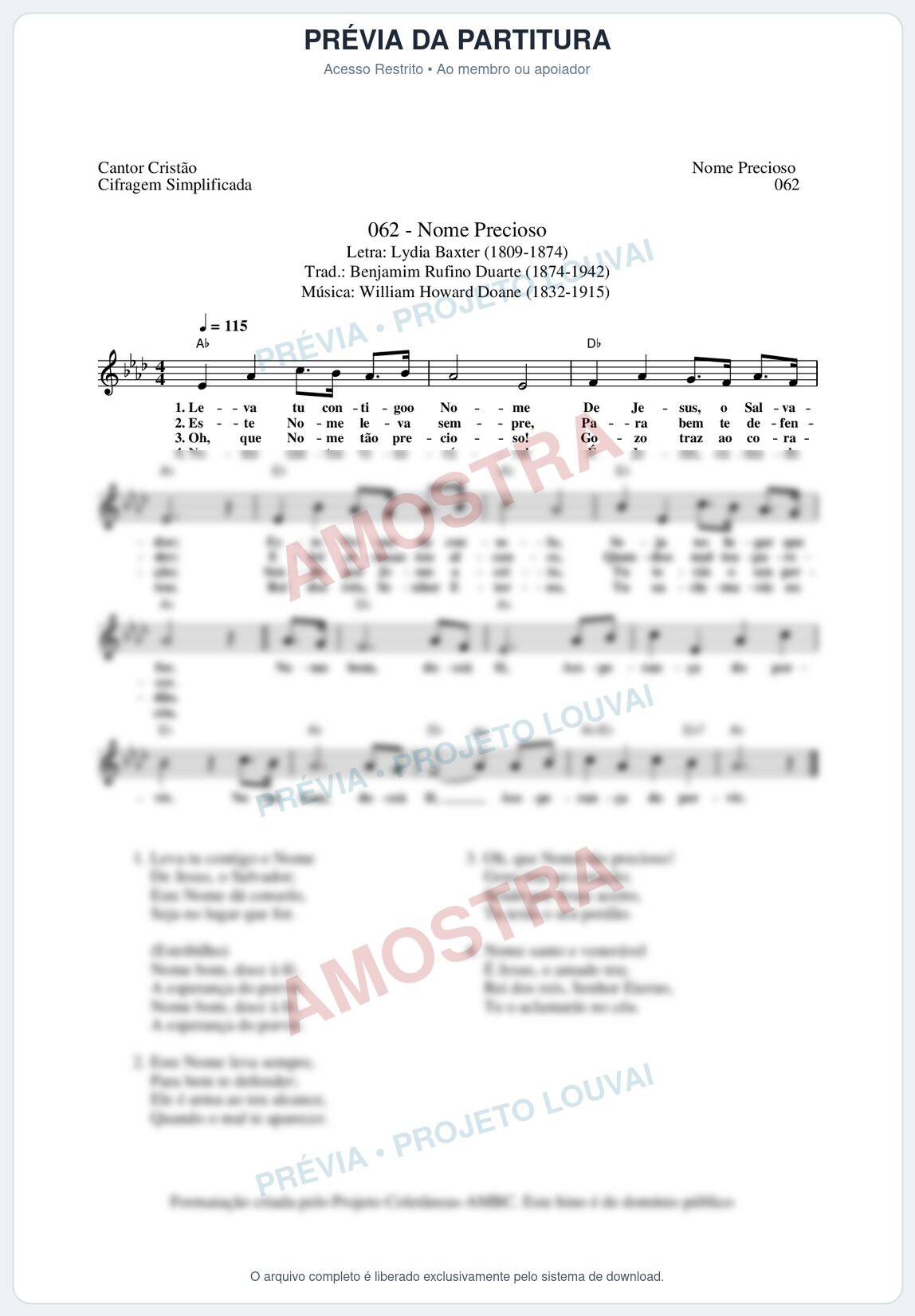 Prévia protegida da primeira página da partitura Partitura da música Nome Precioso (Cantor Cristão nº62) - Cantor Cristão - Tom Ab