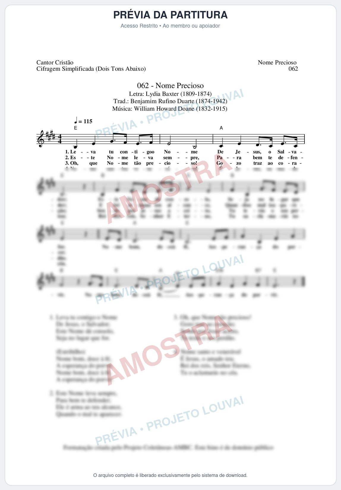 Prévia protegida da primeira página da partitura Partitura da música Nome Precioso (Cantor Cristão nº62) - Cantor Cristão - Tom E