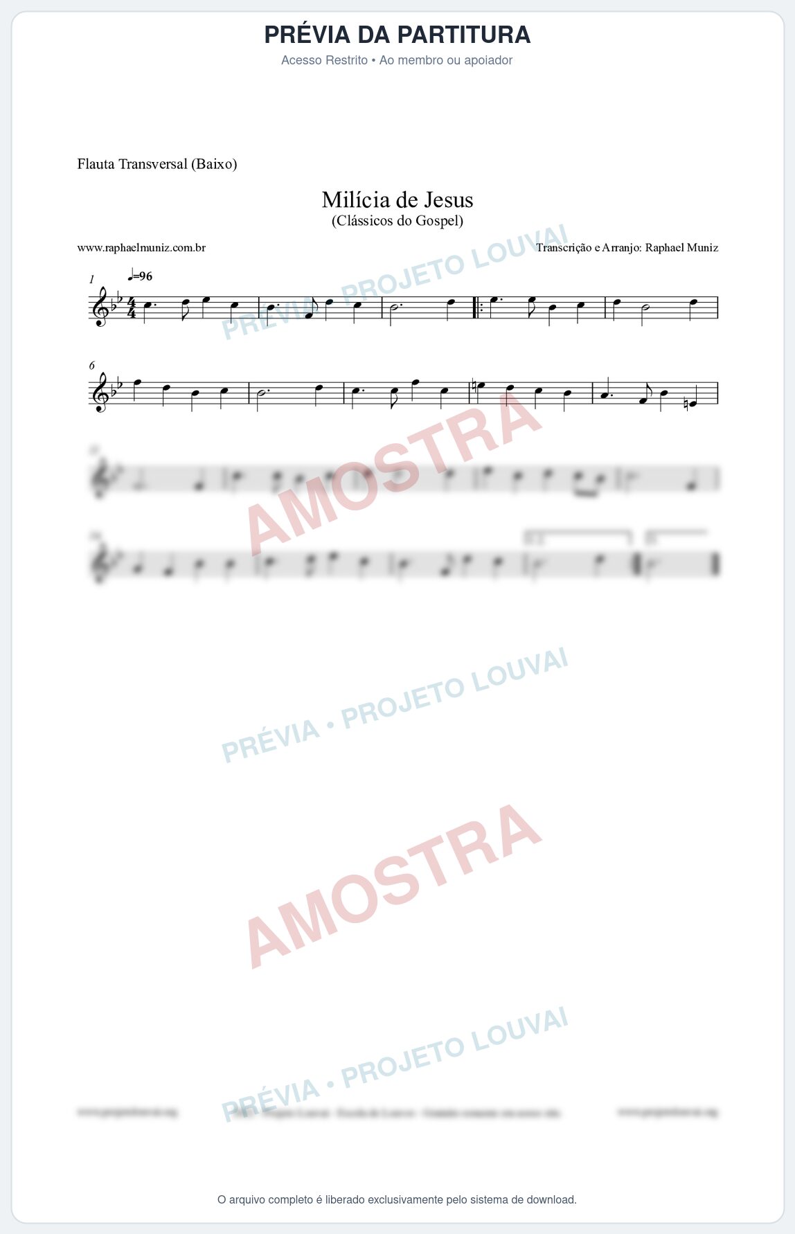 Prévia protegida da primeira página da partitura Partitura para Flauta Transversal (Baixo) - Milícia de Jesus - Harpa Cristã nº34 - Clássicos do Gospel