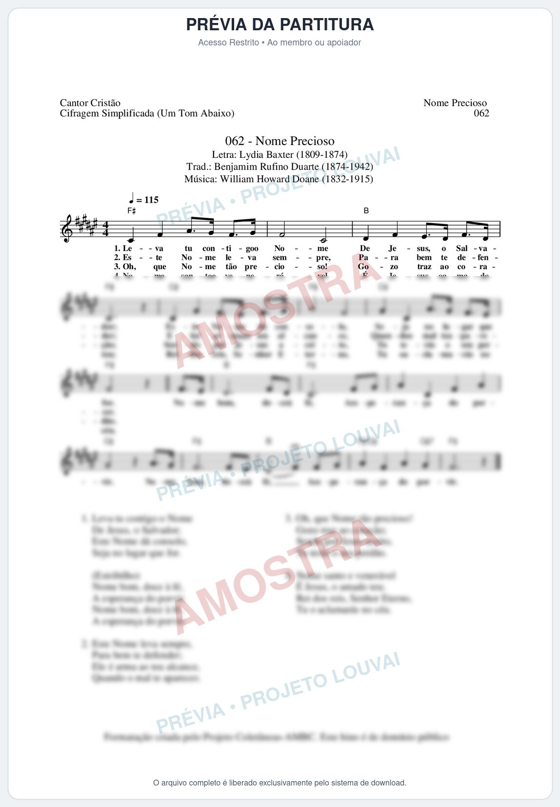 Prévia protegida da primeira página da partitura Partitura da música Nome Precioso (Cantor Cristão nº62) - Cantor Cristão - Tom F#