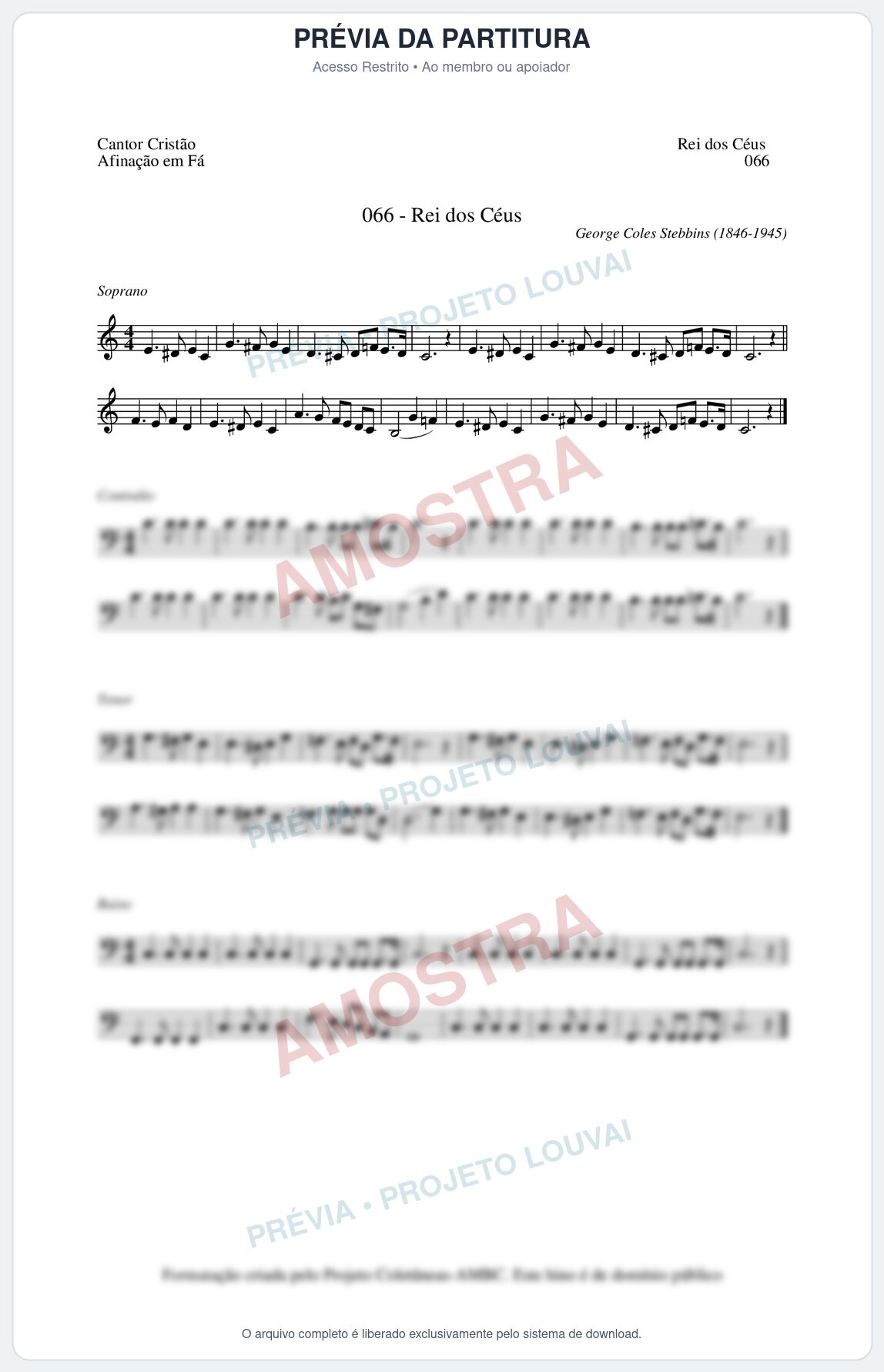Prévia protegida da primeira página da partitura Partitura da música Rei dos Céus (Cantor Cristão nº66) - Cantor Cristão - Tom C