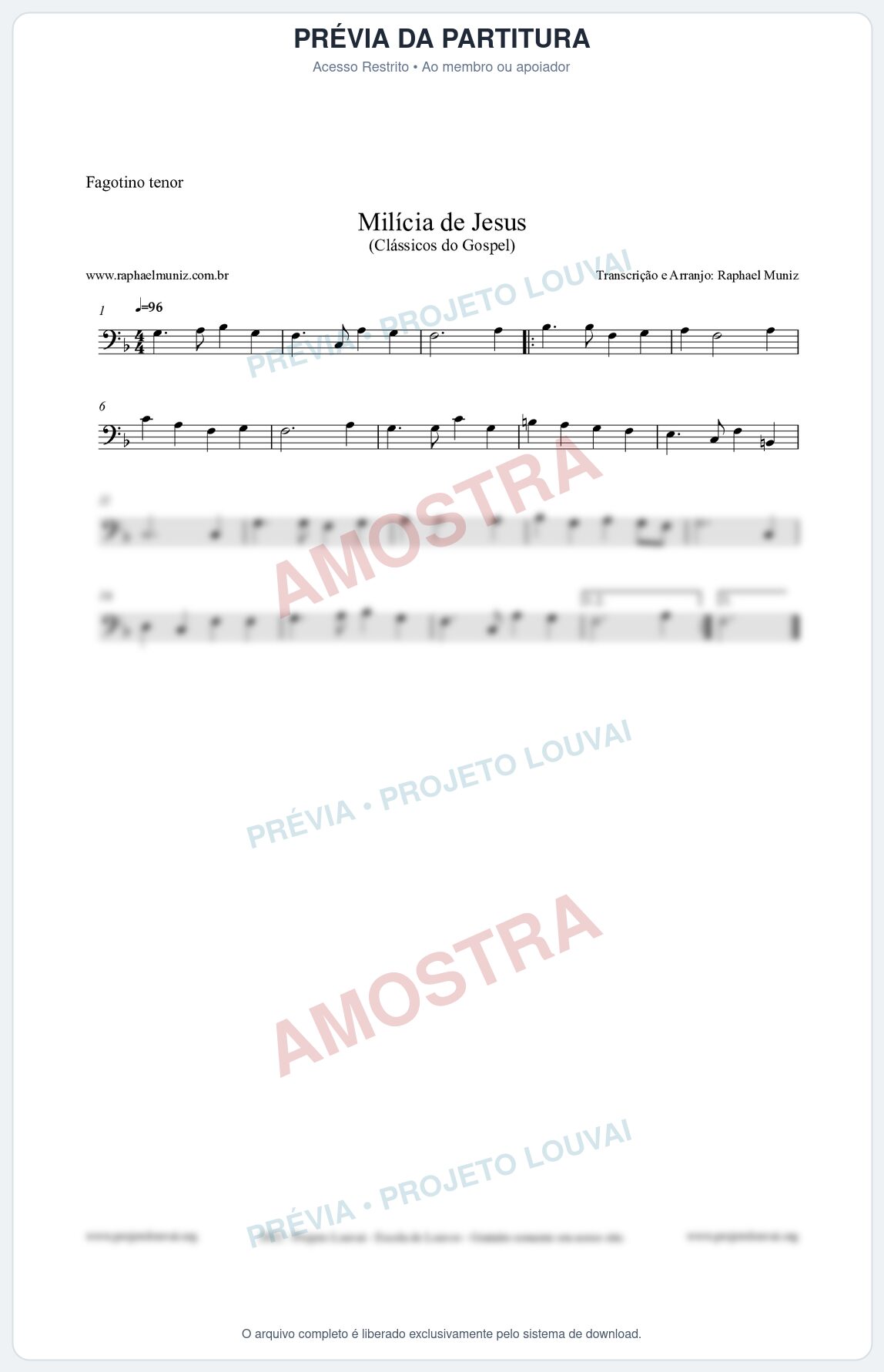 Prévia protegida da primeira página da partitura Partitura para Fagotino tenor - Milícia de Jesus - Harpa Cristã nº34 - Clássicos do Gospel