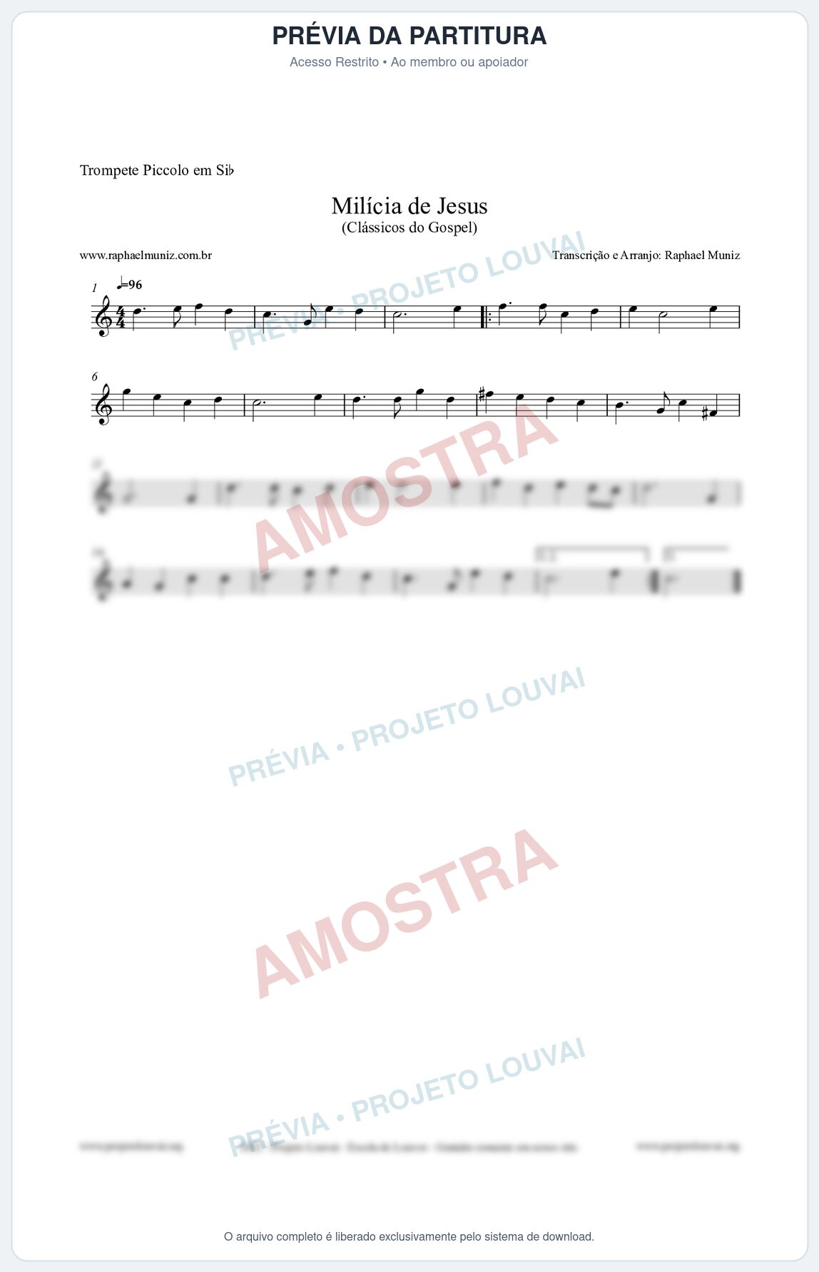 Prévia protegida da primeira página da partitura Partitura para Trompete Piccolo em Sib - Milícia de Jesus - Harpa Cristã nº34 - Clássicos do Gospel