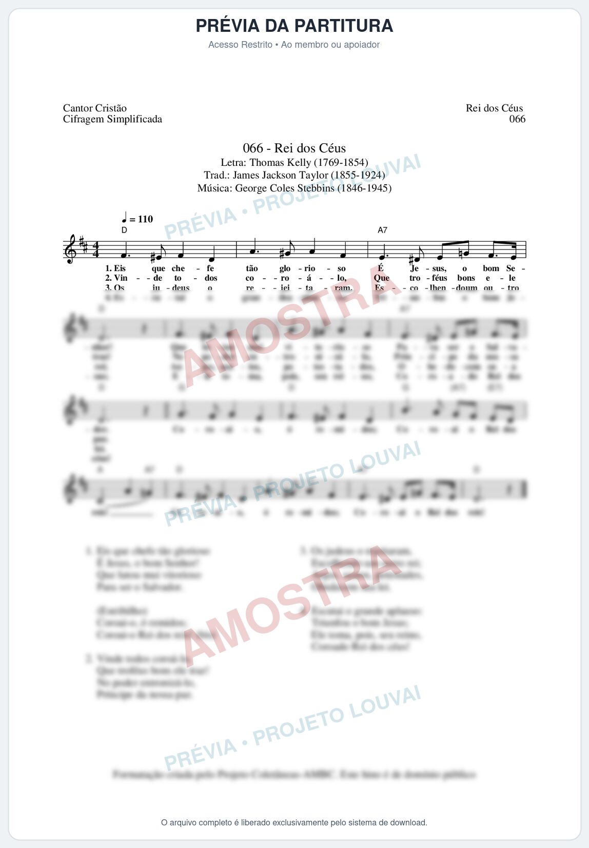 Prévia protegida da primeira página da partitura Partitura da música Rei dos Céus (Cantor Cristão nº66) - Cantor Cristão - Tom D