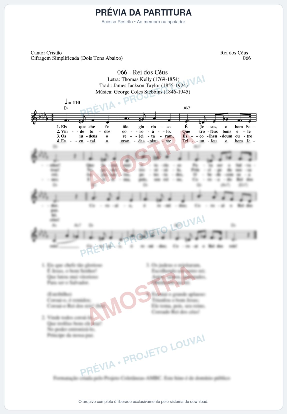 Prévia protegida da primeira página da partitura Partitura da música Rei dos Céus (Cantor Cristão nº66) - Cantor Cristão - Tom Db