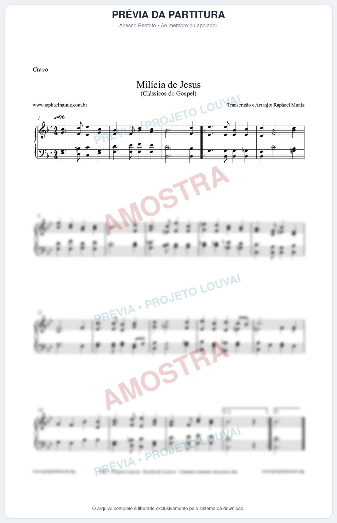 Prévia protegida da primeira página da partitura Partitura para Cravo - Milícia de Jesus - Harpa Cristã nº34 - Clássicos do Gospel
