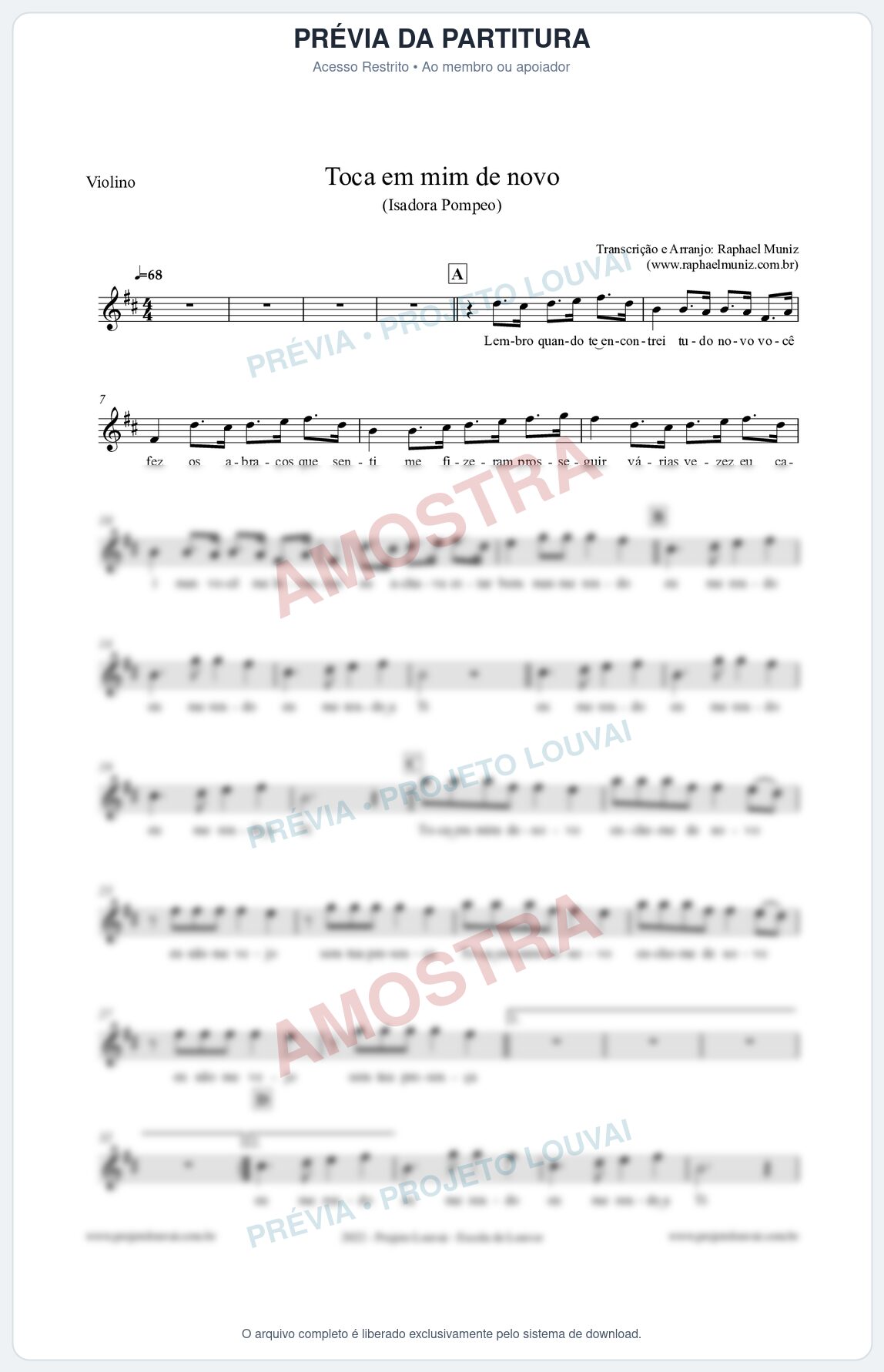 Prévia protegida da primeira página da partitura Partitura para Violino - Toca em mim de novo - Isadora Pompeo