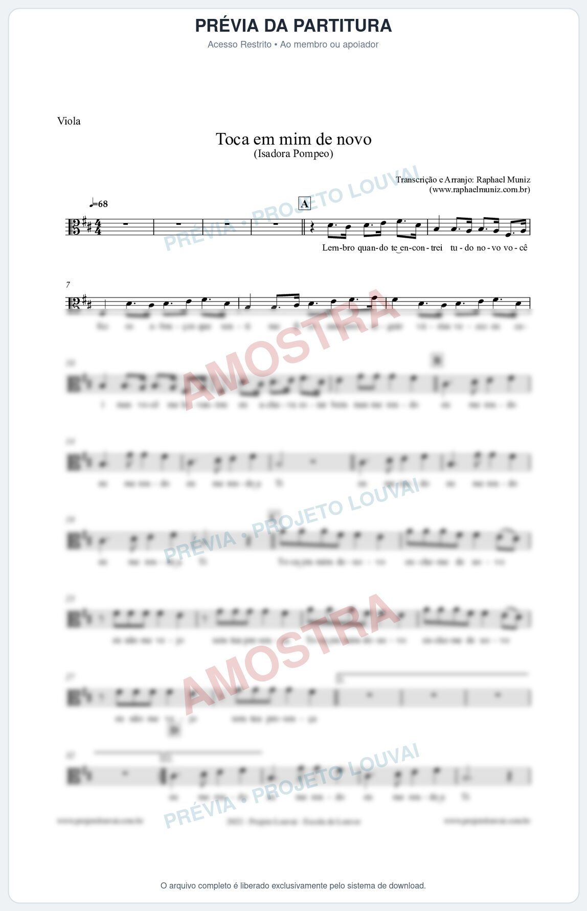 Prévia protegida da primeira página da partitura Partitura para Viola - Toca em mim de novo - Isadora Pompeo