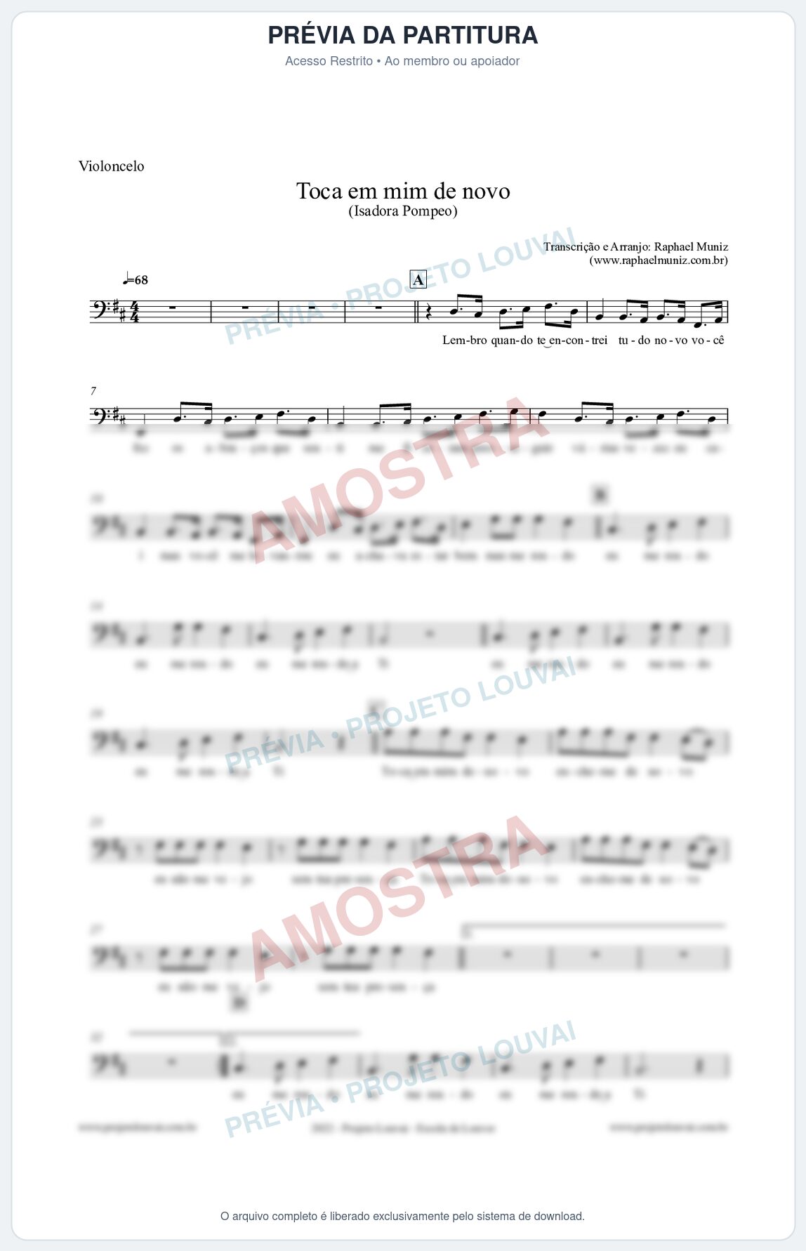Prévia protegida da primeira página da partitura Partitura para Violoncelo - Toca em mim de novo - Isadora Pompeo