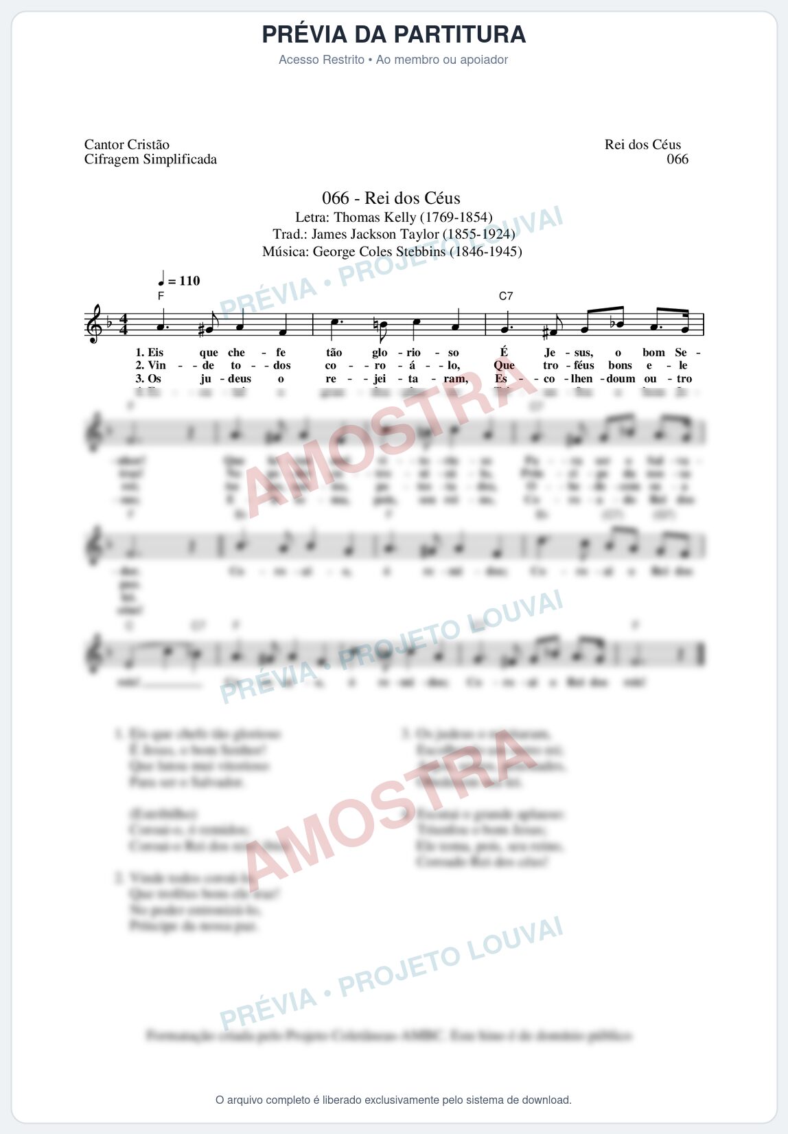 Prévia protegida da primeira página da partitura Partitura da música Rei dos Céus (Cantor Cristão nº66) - Cantor Cristão - Tom F