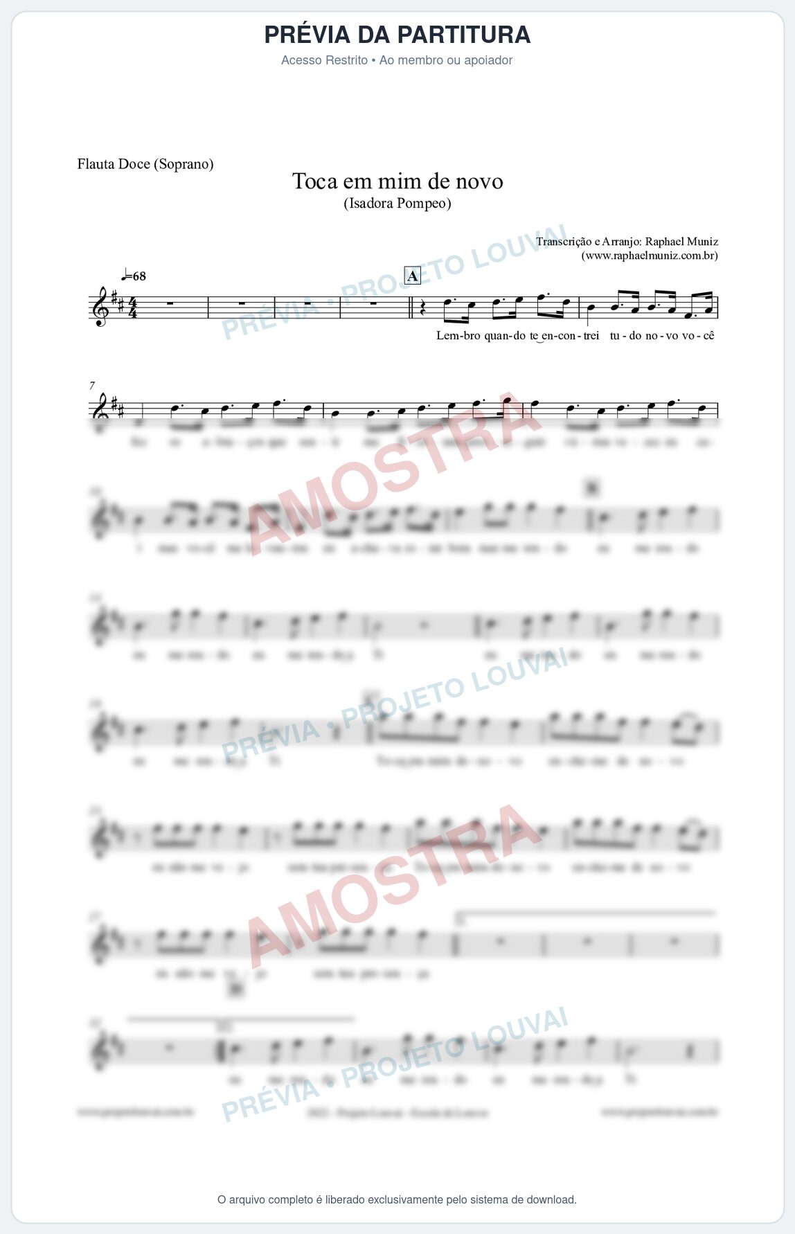 Prévia protegida da primeira página da partitura Partitura para Flauta Doce (Soprano) - Toca em mim de novo - Isadora Pompeo