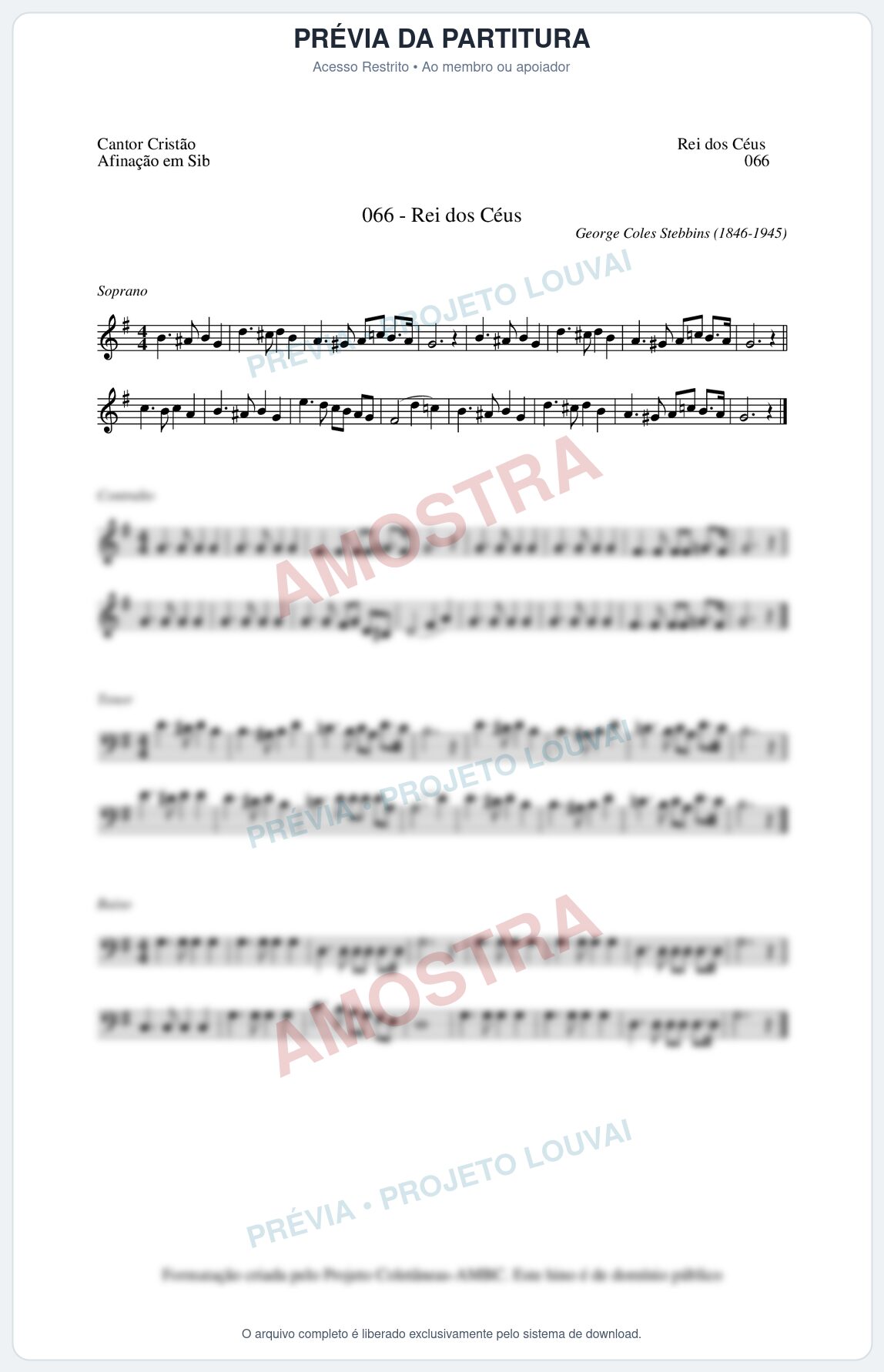 Prévia protegida da primeira página da partitura Partitura da música Rei dos Céus (Cantor Cristão nº66) - Cantor Cristão - Tom G