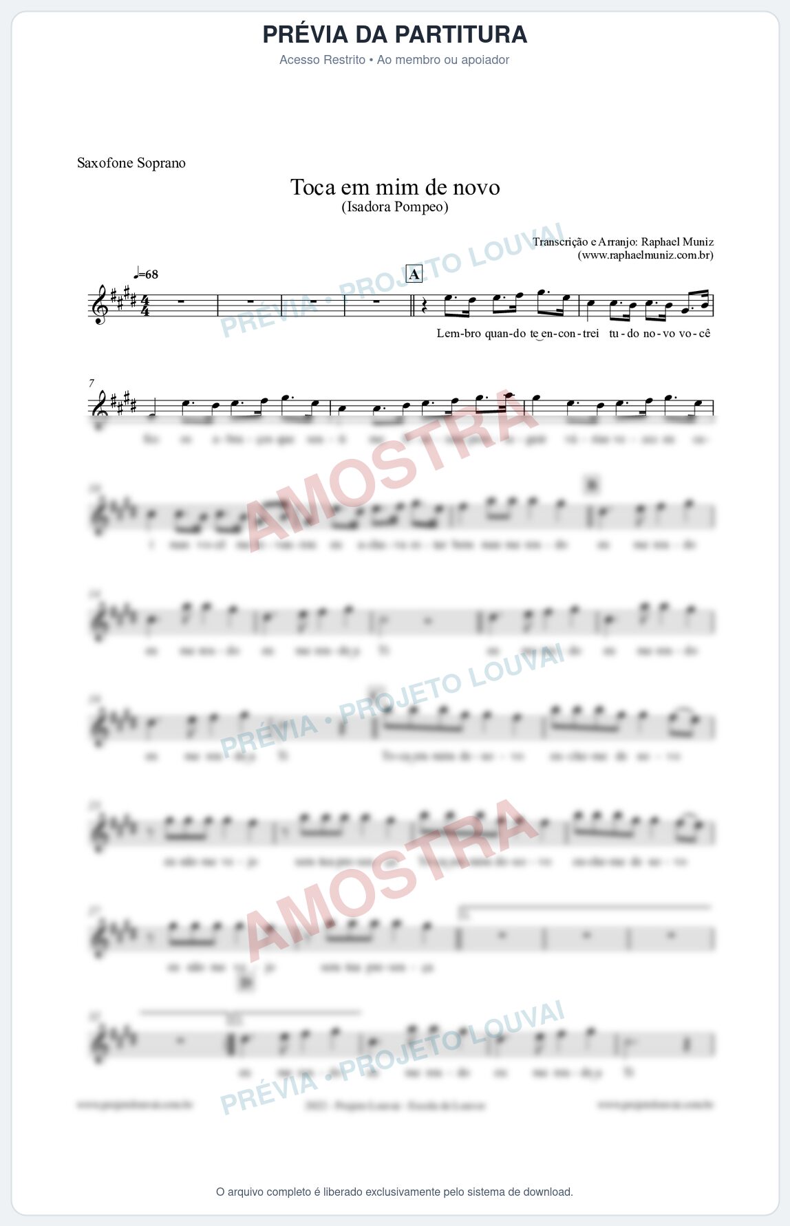 Prévia protegida da primeira página da partitura Partitura para Saxofone Soprano - Toca em mim de novo - Isadora Pompeo