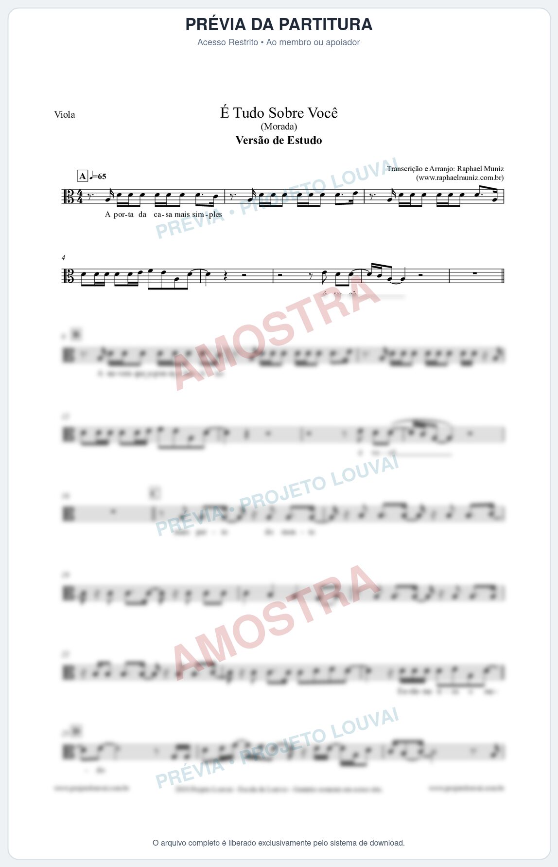 Prévia protegida da primeira página da partitura Partitura para Viola - É Tudo Sobre Você (Versão de Estudo) - Morada