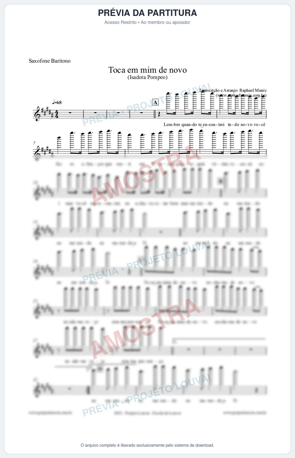 Prévia protegida da primeira página da partitura Partitura para Saxofone Barítono - Toca em mim de novo - Isadora Pompeo