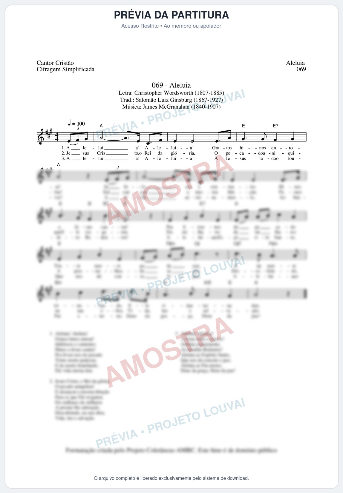Prévia protegida da primeira página da partitura Partitura da música Aleluia (Cantor Cristão nº69) - Cantor Cristão - Tom A