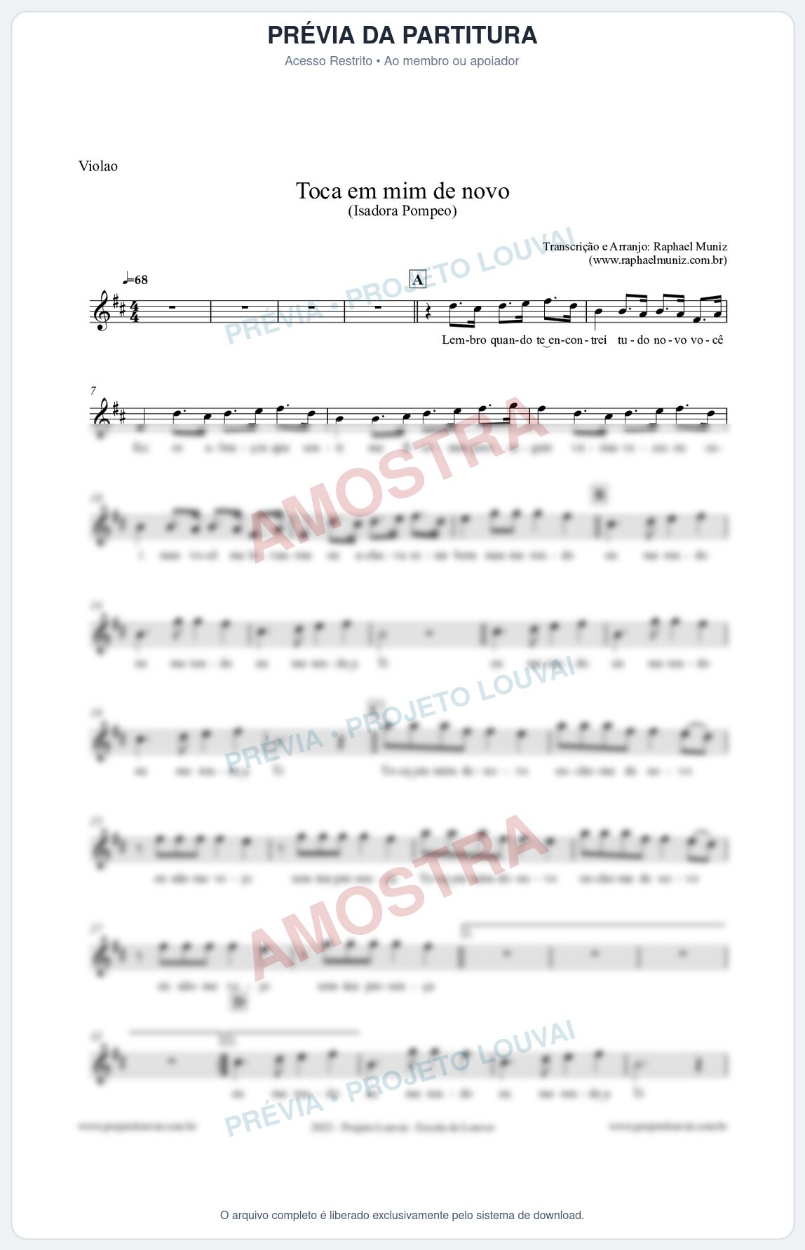 Prévia protegida da primeira página da partitura Partitura para Violão - Toca em mim de novo - Isadora Pompeo