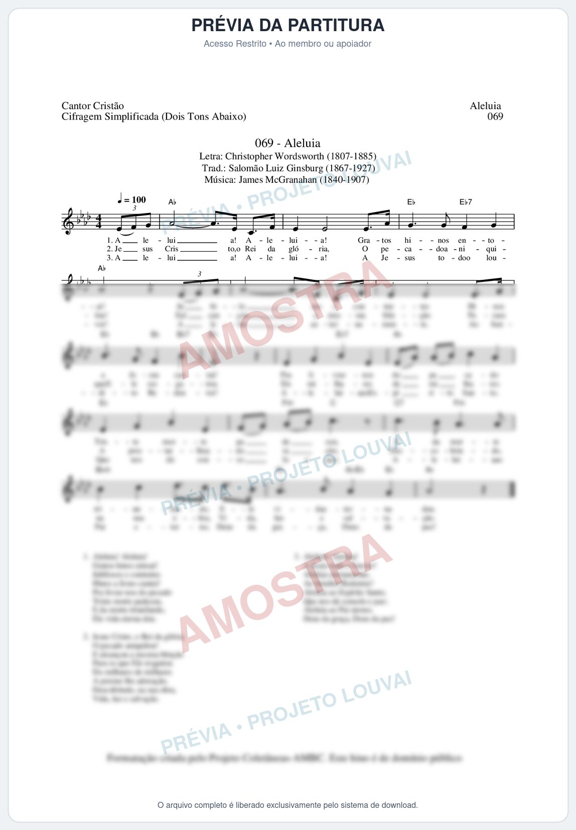 Prévia protegida da primeira página da partitura Partitura da música Aleluia (Cantor Cristão nº69) - Cantor Cristão - Tom Ab
