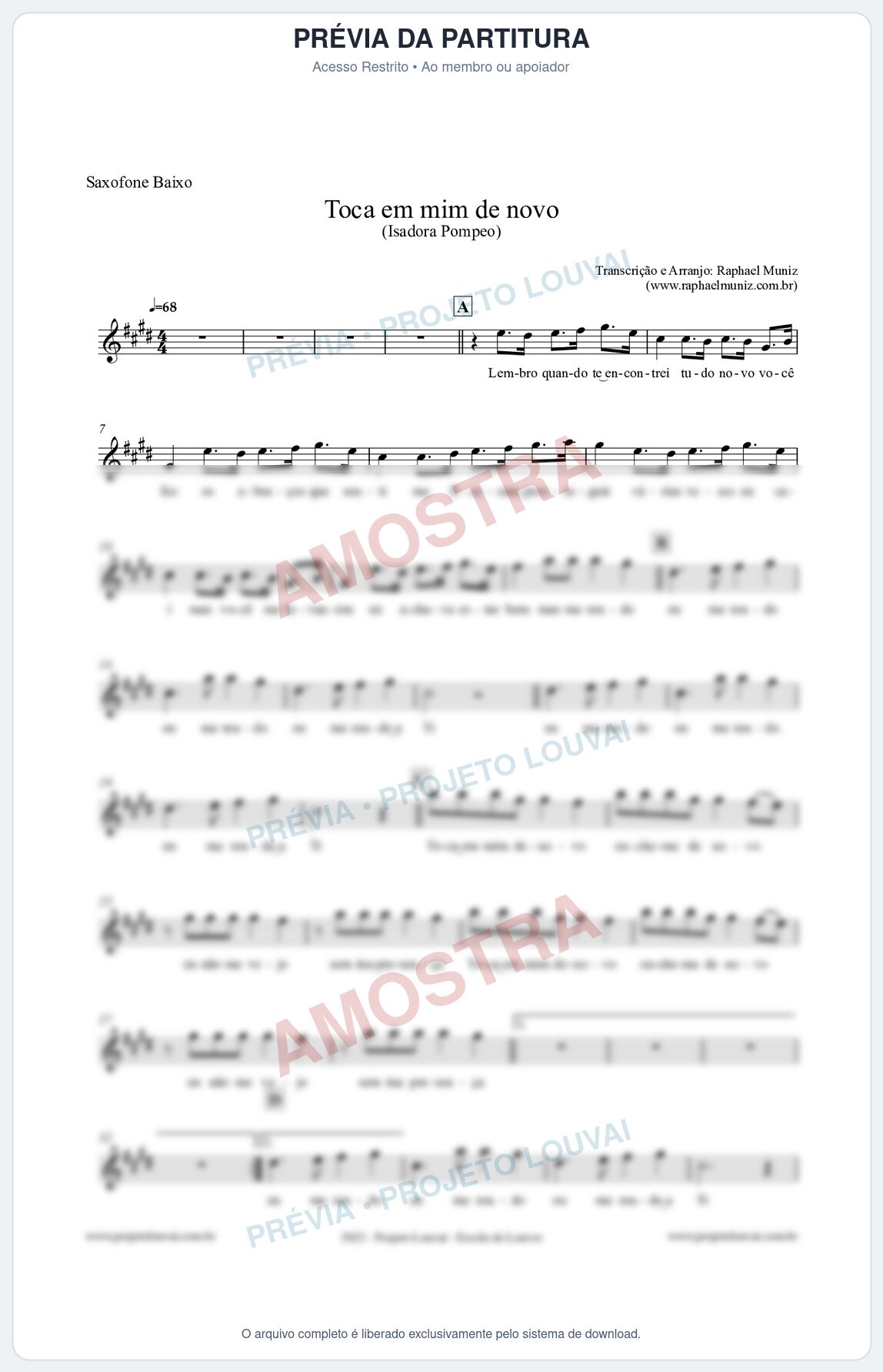 Prévia protegida da primeira página da partitura Partitura para Saxofone Baixo - Toca em mim de novo - Isadora Pompeo