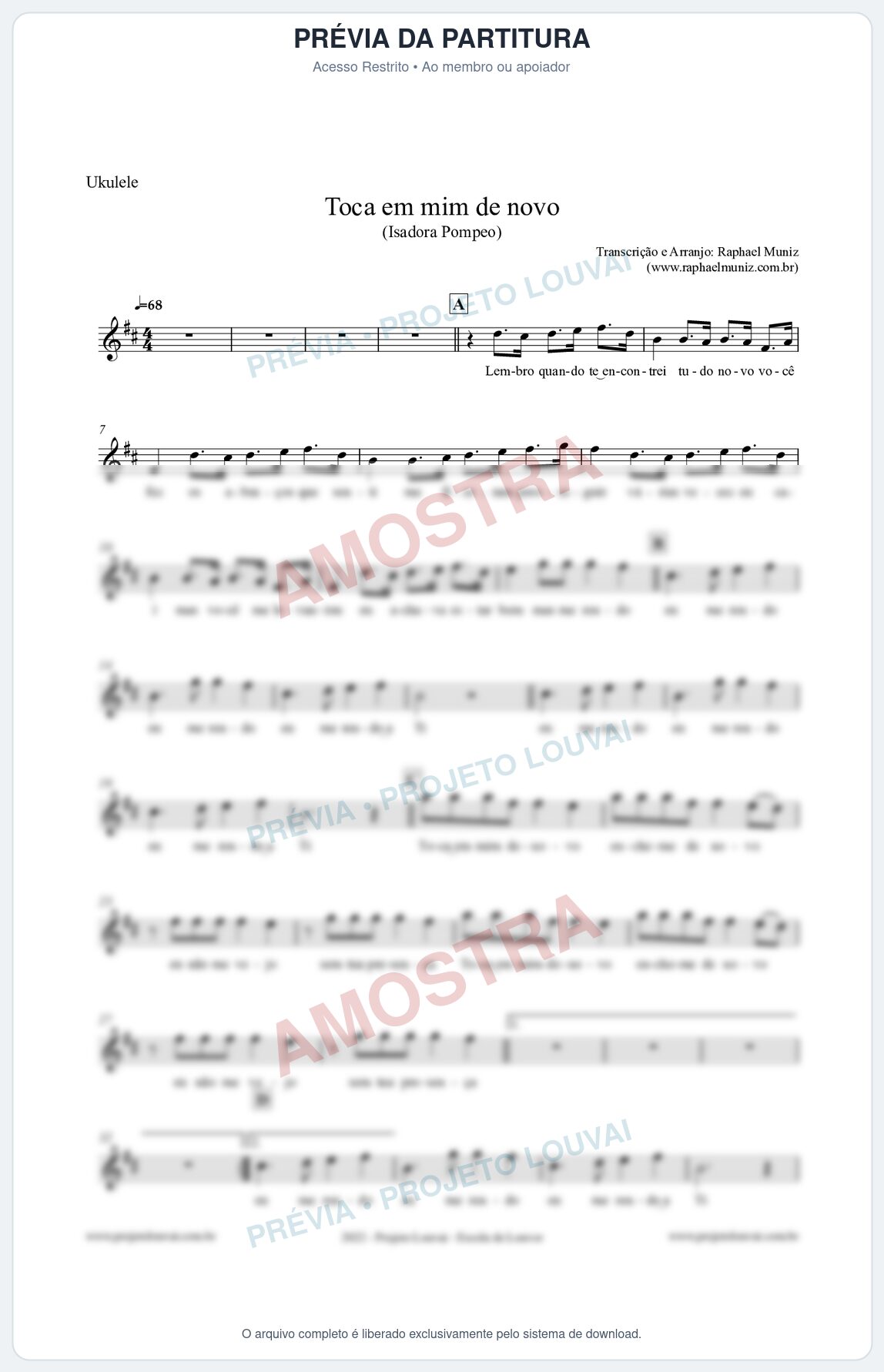 Prévia protegida da primeira página da partitura Partitura para Ukulele - Toca em mim de novo - Isadora Pompeo