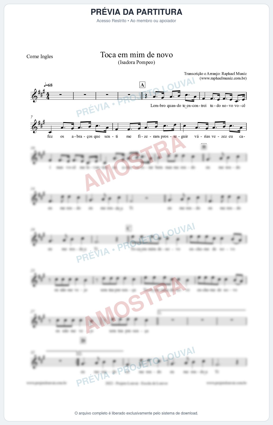 Prévia protegida da primeira página da partitura Partitura para Corne Inglês - Toca em mim de novo - Isadora Pompeo