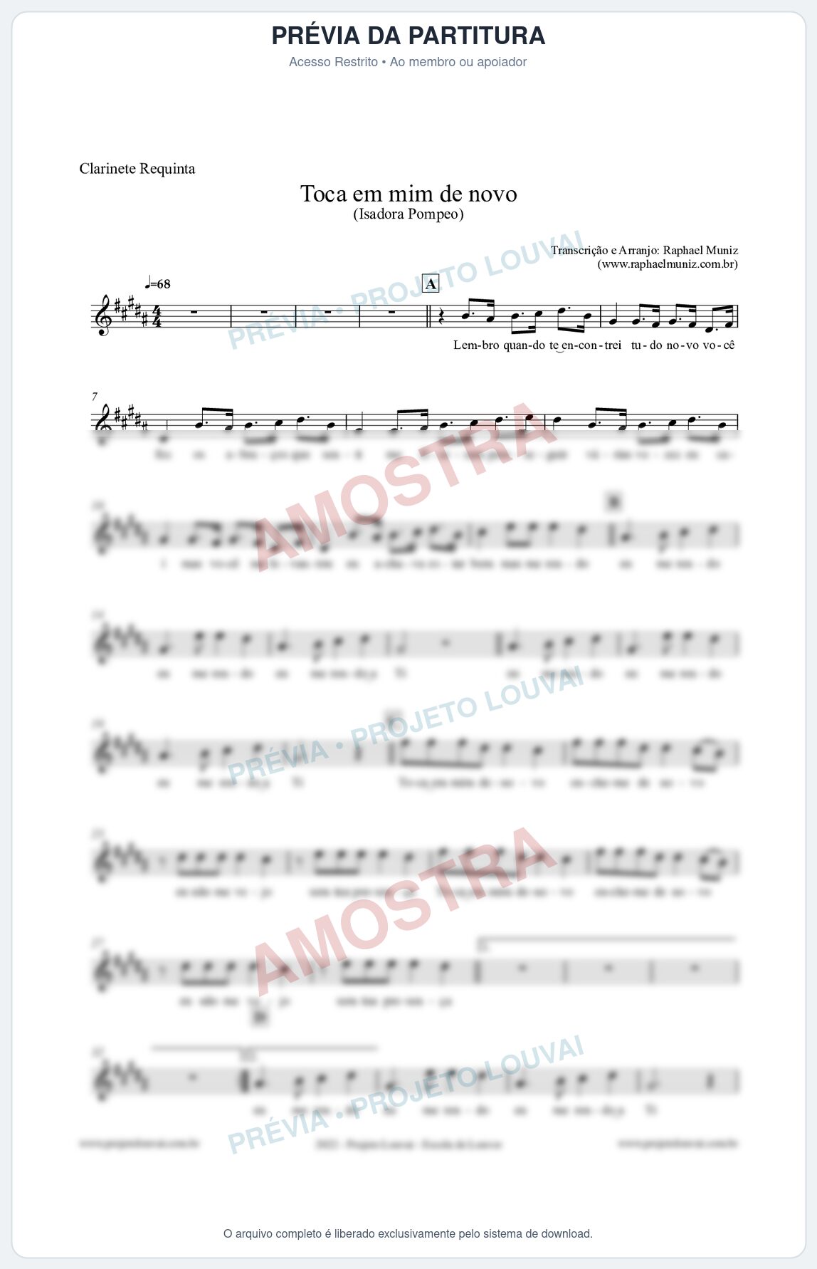 Prévia protegida da primeira página da partitura Partitura para Clarinete Requinta - Toca em mim de novo - Isadora Pompeo