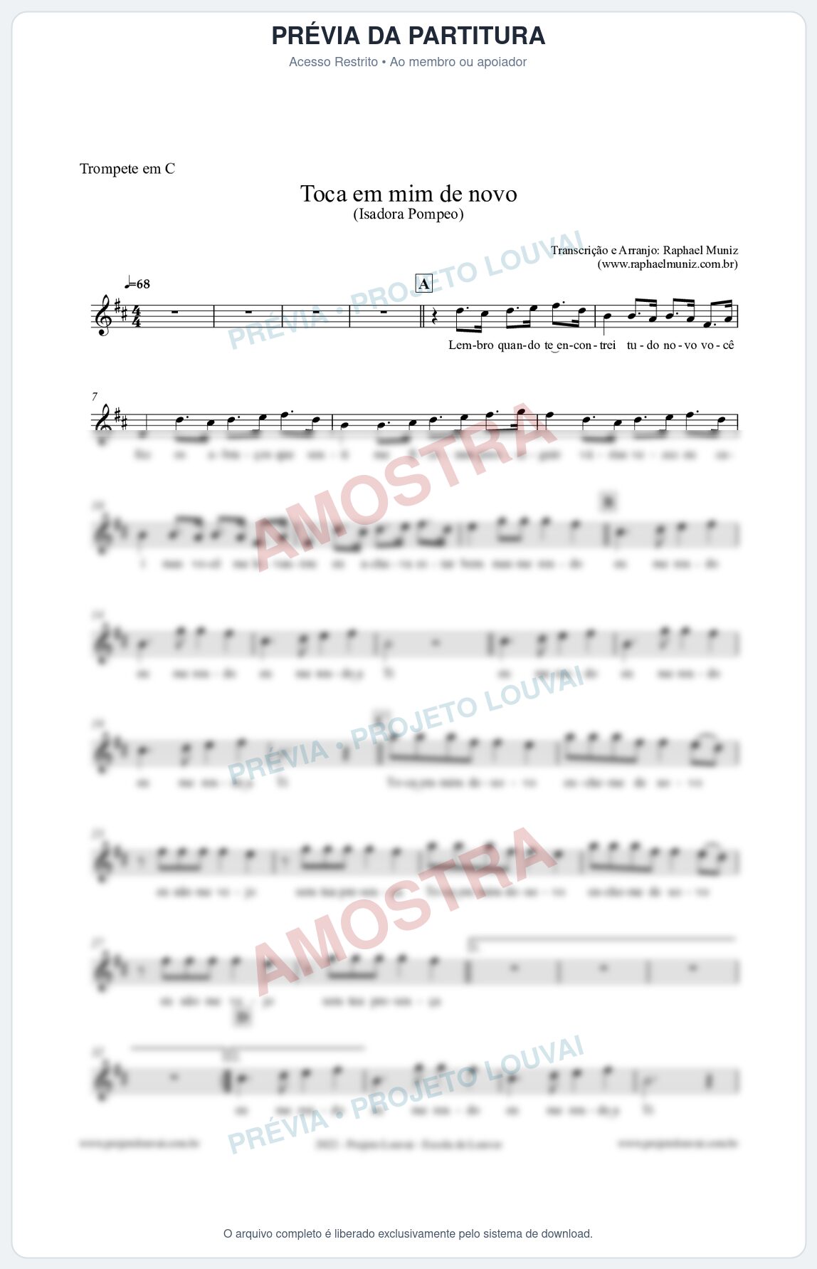 Prévia protegida da primeira página da partitura Partitura para Trompete em C - Toca em mim de novo - Isadora Pompeo