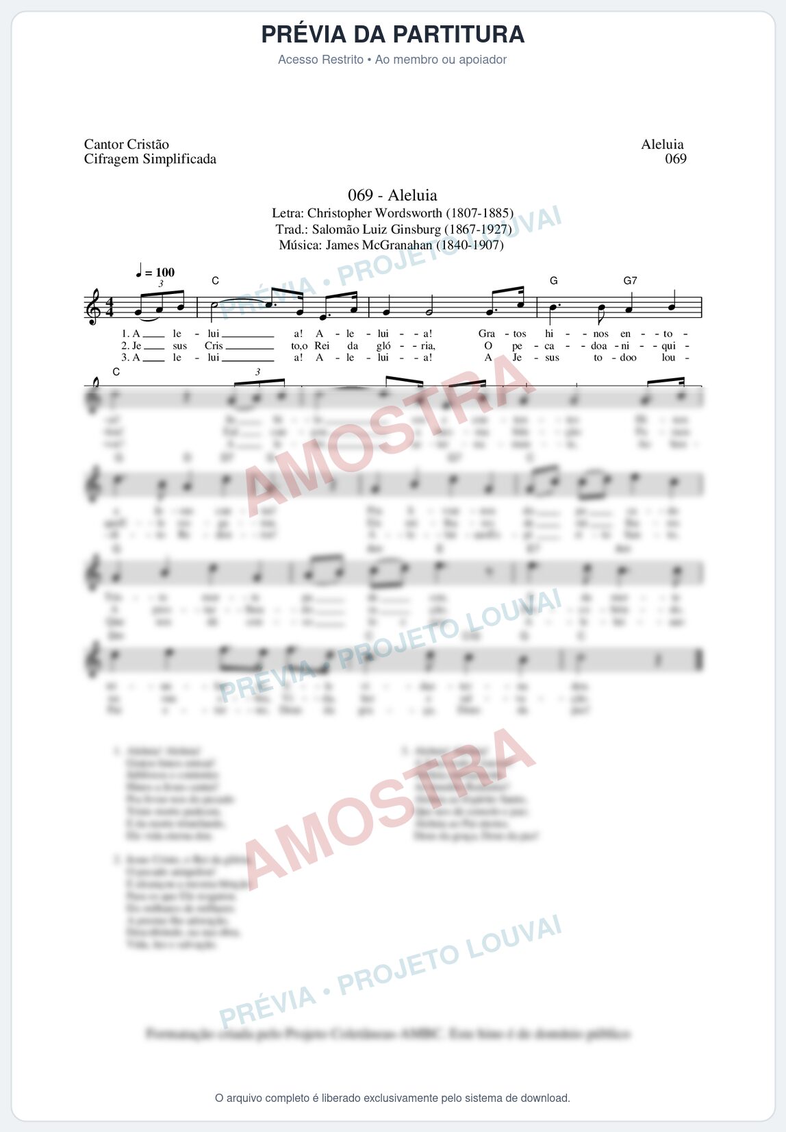 Prévia protegida da primeira página da partitura Partitura da música Aleluia (Cantor Cristão nº69) - Cantor Cristão - Tom C