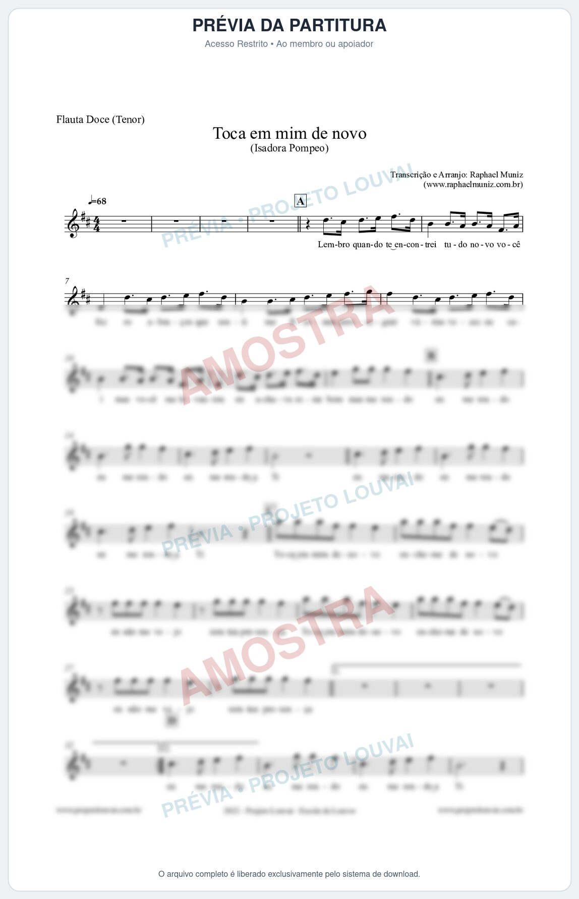 Prévia protegida da primeira página da partitura Partitura para Flauta Doce (Tenor) - Toca em mim de novo - Isadora Pompeo