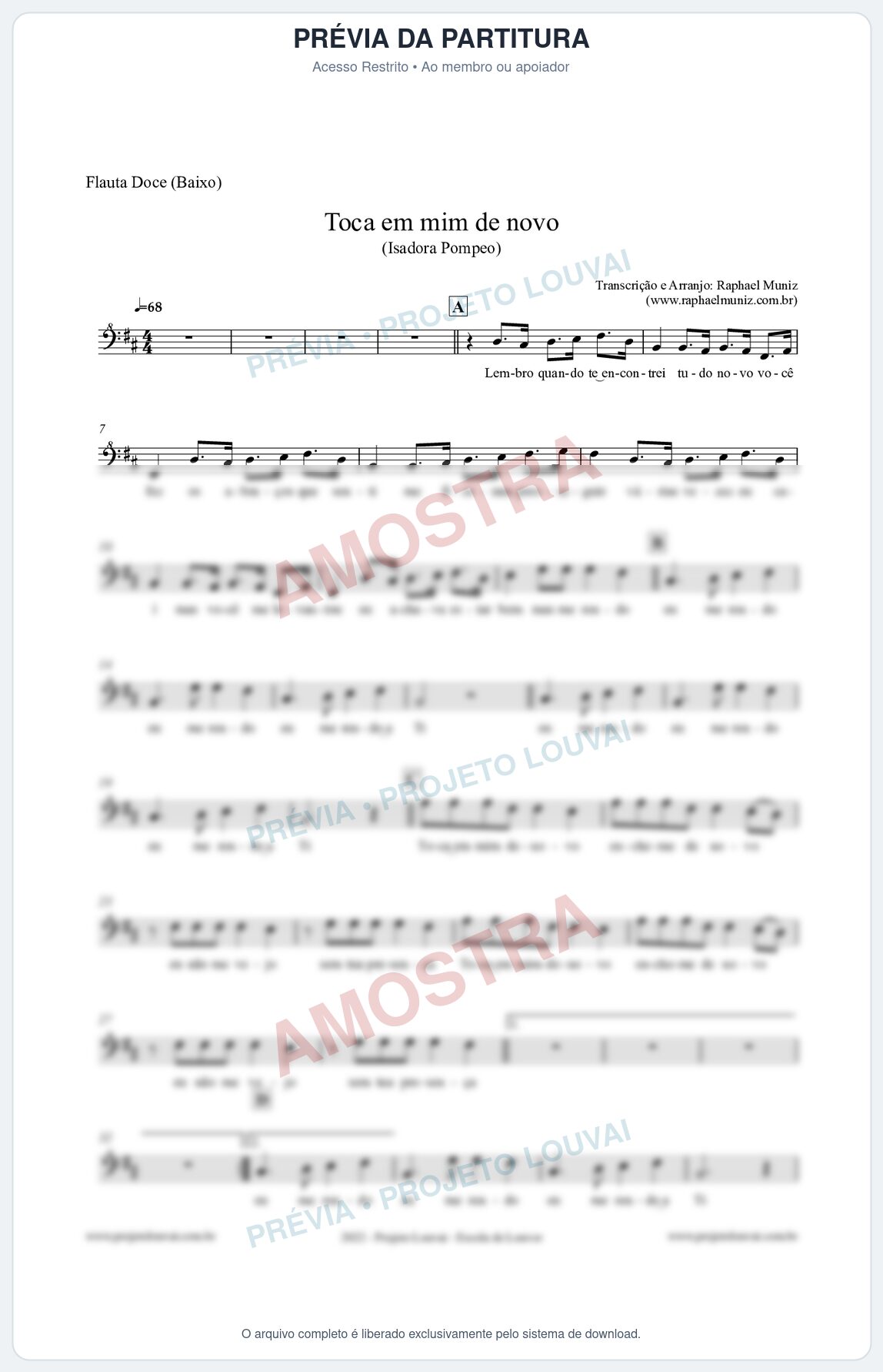 Prévia protegida da primeira página da partitura Partitura para Flauta Doce (Baixo) - Toca em mim de novo - Isadora Pompeo
