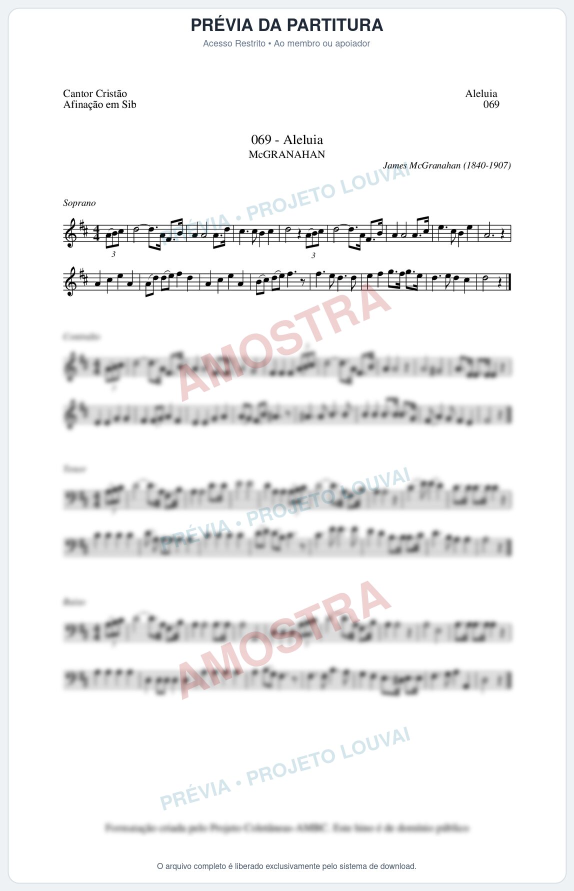 Prévia protegida da primeira página da partitura Partitura da música Aleluia (Cantor Cristão nº69) - Cantor Cristão - Tom D