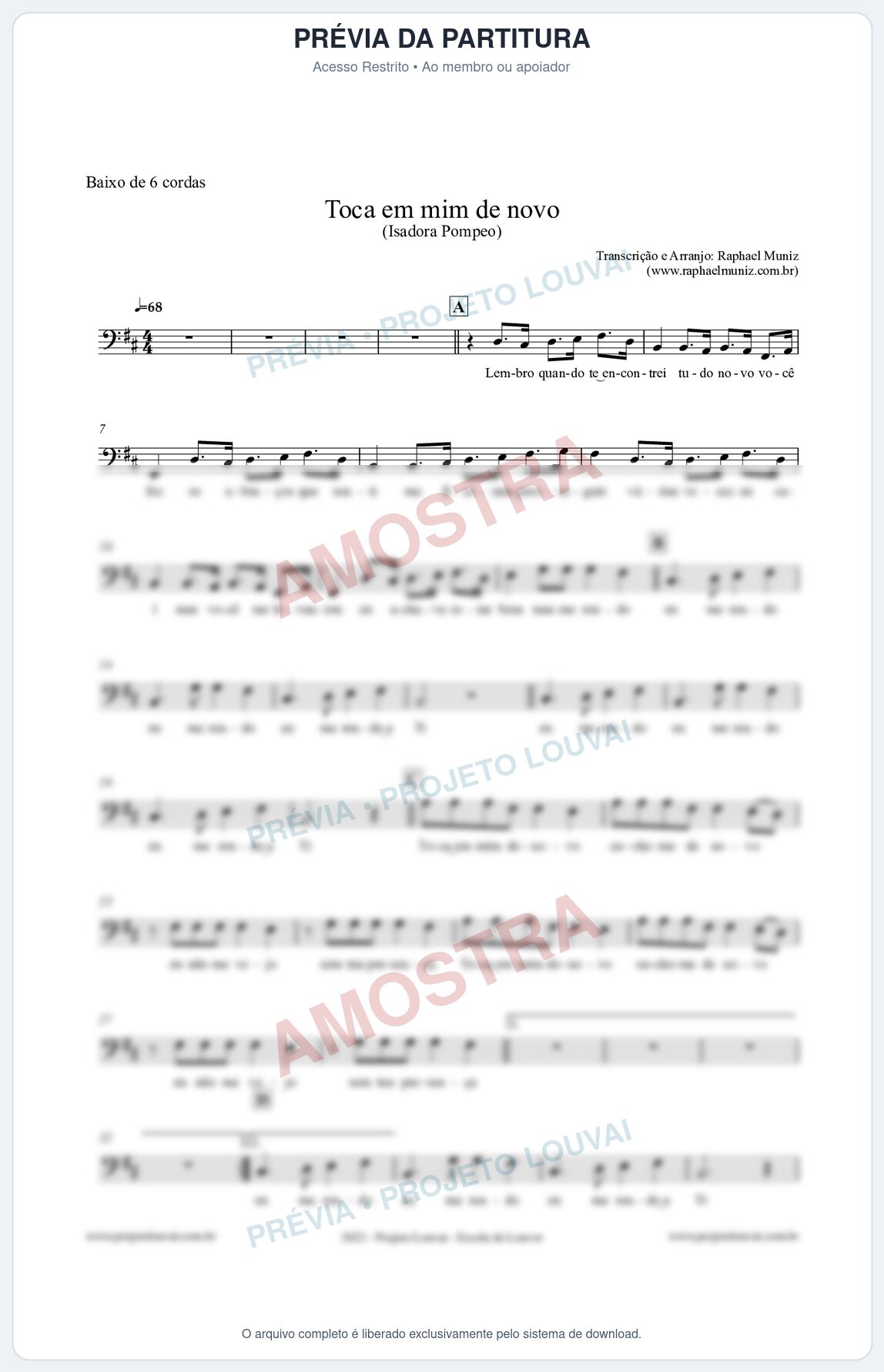 Prévia protegida da primeira página da partitura Partitura para Baixo de 6 cordas - Toca em mim de novo - Isadora Pompeo