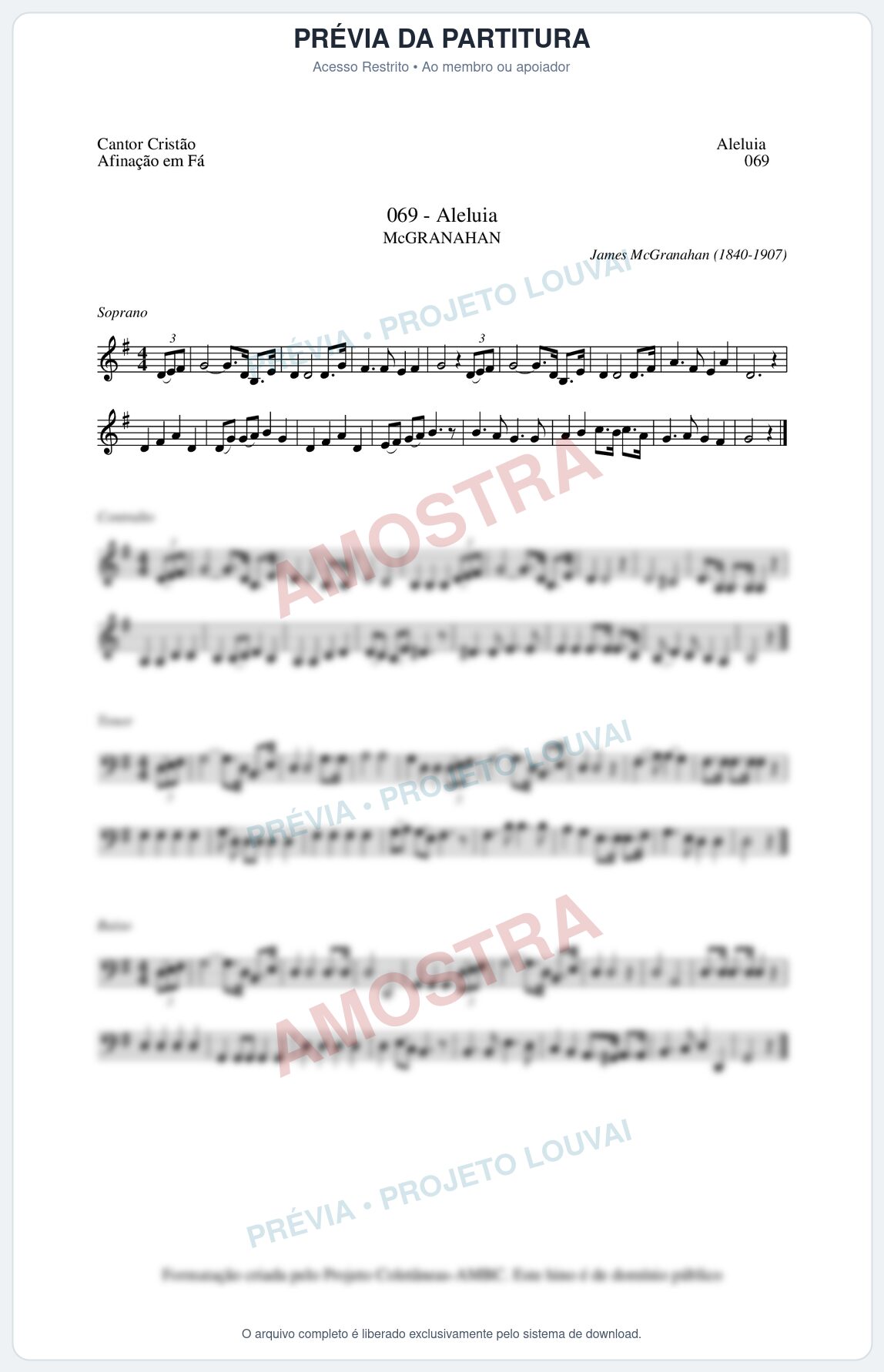 Prévia protegida da primeira página da partitura Partitura da música Aleluia (Cantor Cristão nº69) - Cantor Cristão - Tom G