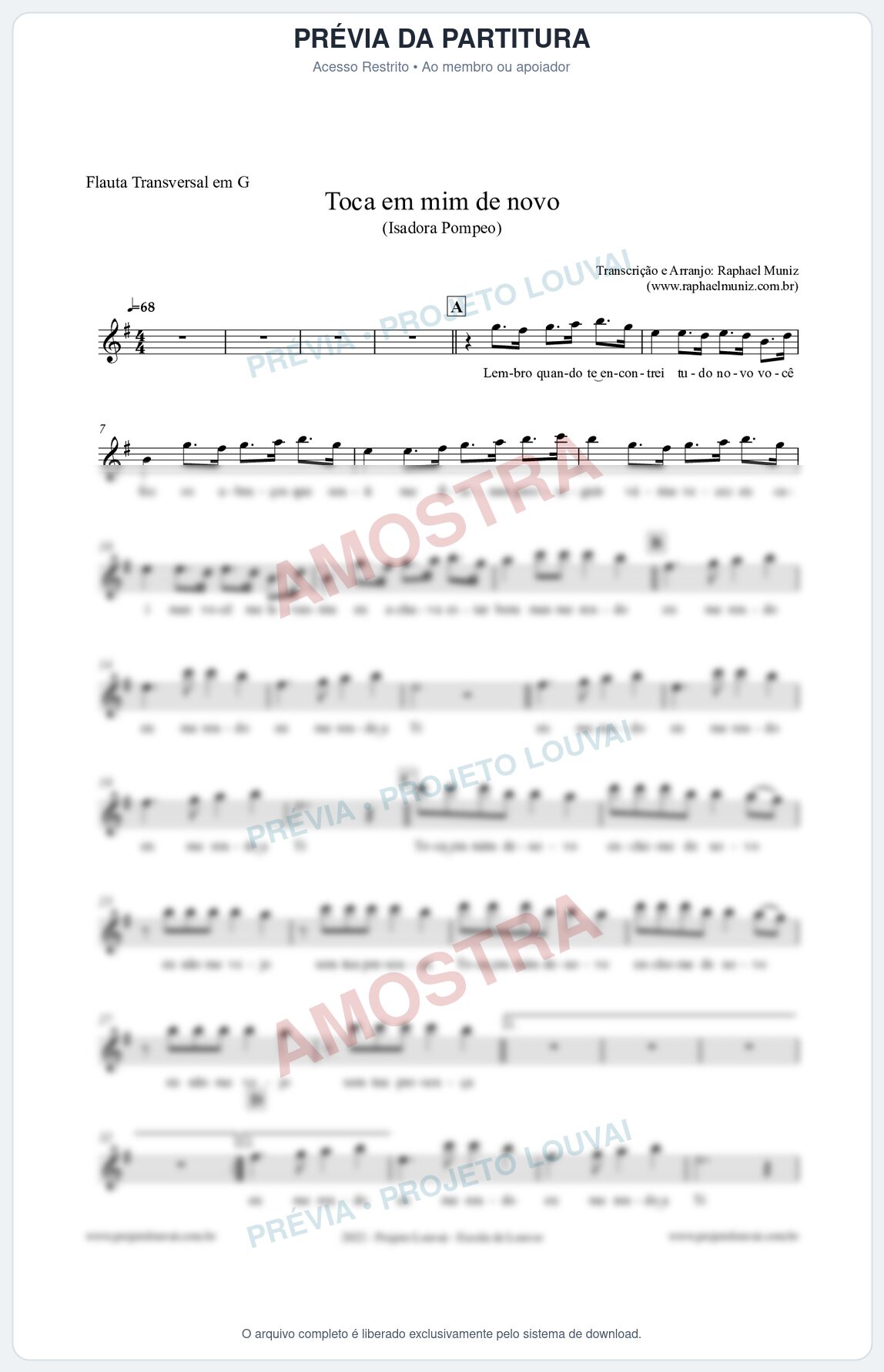 Prévia protegida da primeira página da partitura Partitura para Flauta Transversal em G - Toca em mim de novo - Isadora Pompeo