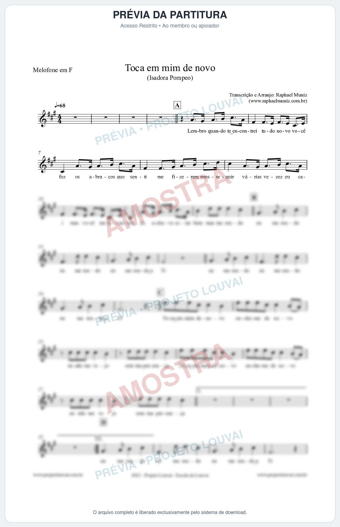 Prévia protegida da primeira página da partitura Partitura para Melofone em F - Toca em mim de novo - Isadora Pompeo