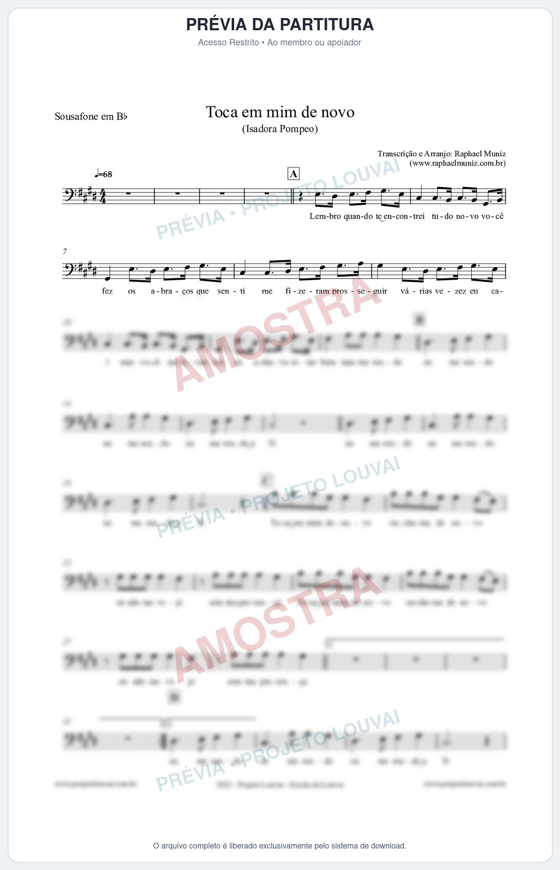Prévia protegida da primeira página da partitura Partitura para Sousafone em Bb - Toca em mim de novo - Isadora Pompeo