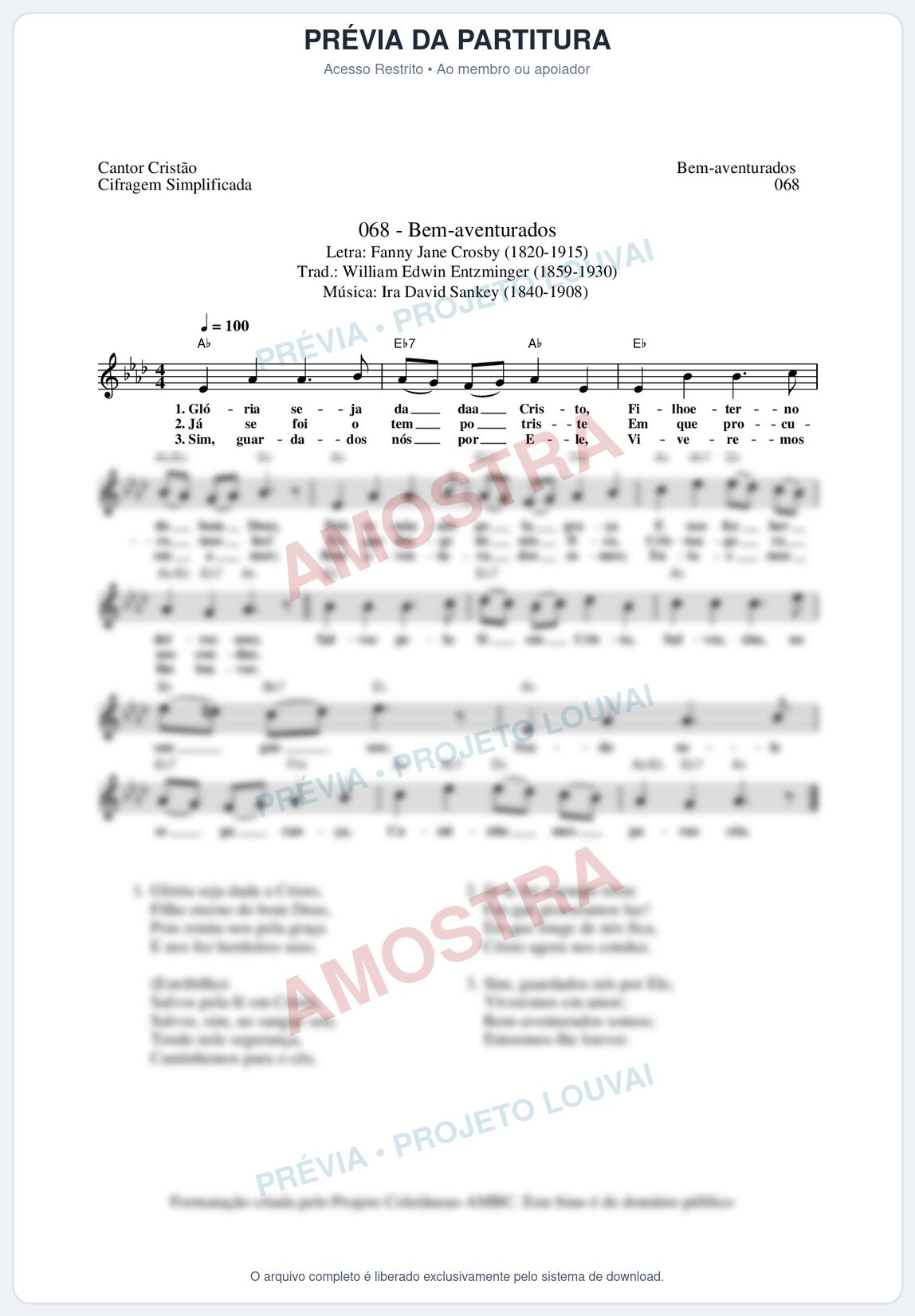 Prévia protegida da primeira página da partitura Partitura da música Bem-Aventurados (Cantor Cristão nº68) - Cantor Cristão - Tom Ab