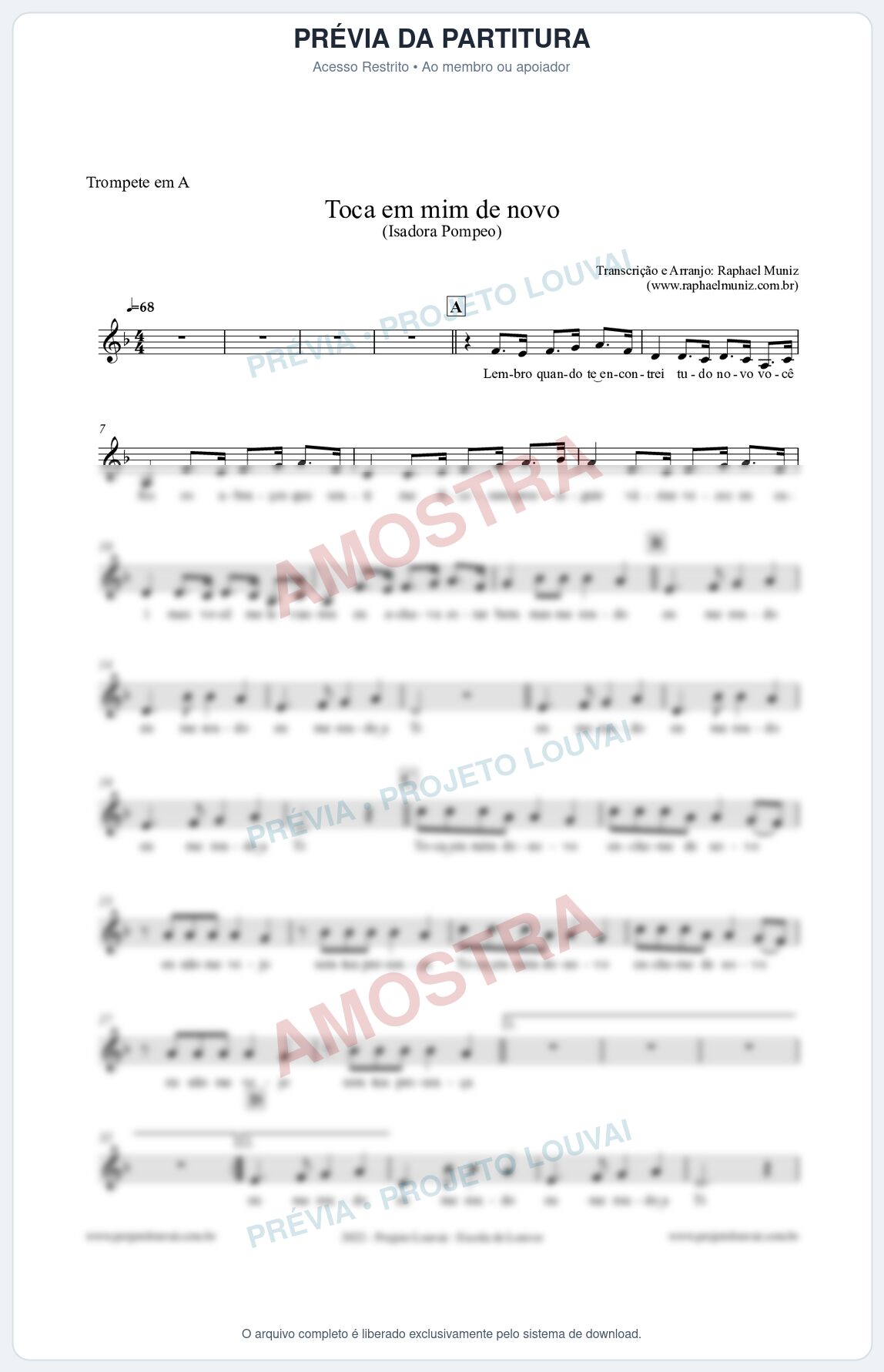 Prévia protegida da primeira página da partitura Partitura para Trompete em A - Toca em mim de novo - Isadora Pompeo