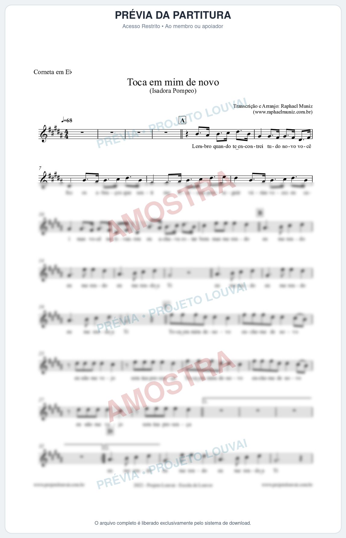 Prévia protegida da primeira página da partitura Partitura para Corneta em Eb - Toca em mim de novo - Isadora Pompeo