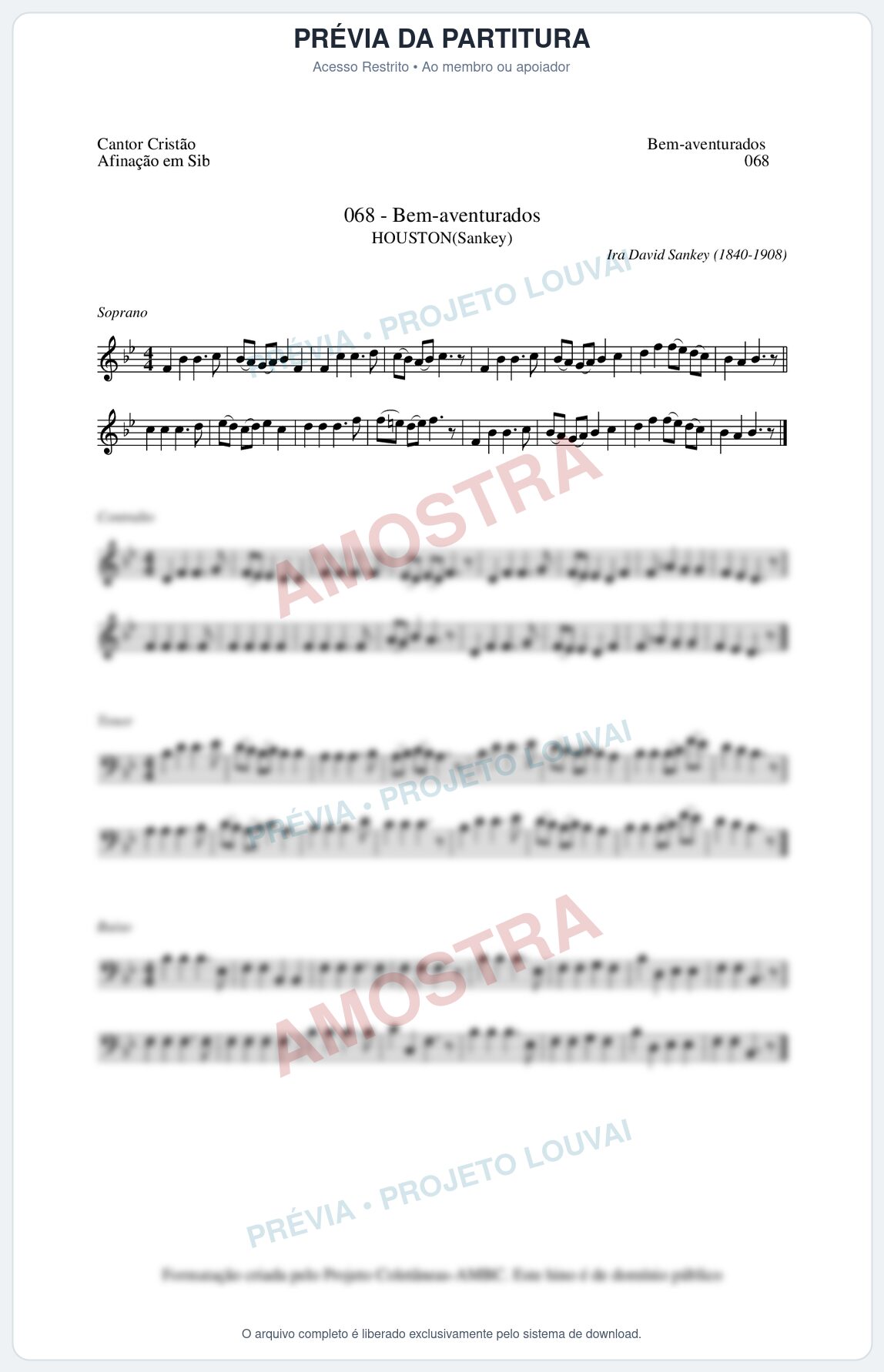 Prévia protegida da primeira página da partitura Partitura da música Bem-Aventurados (Cantor Cristão nº68) - Cantor Cristão - Tom Bb