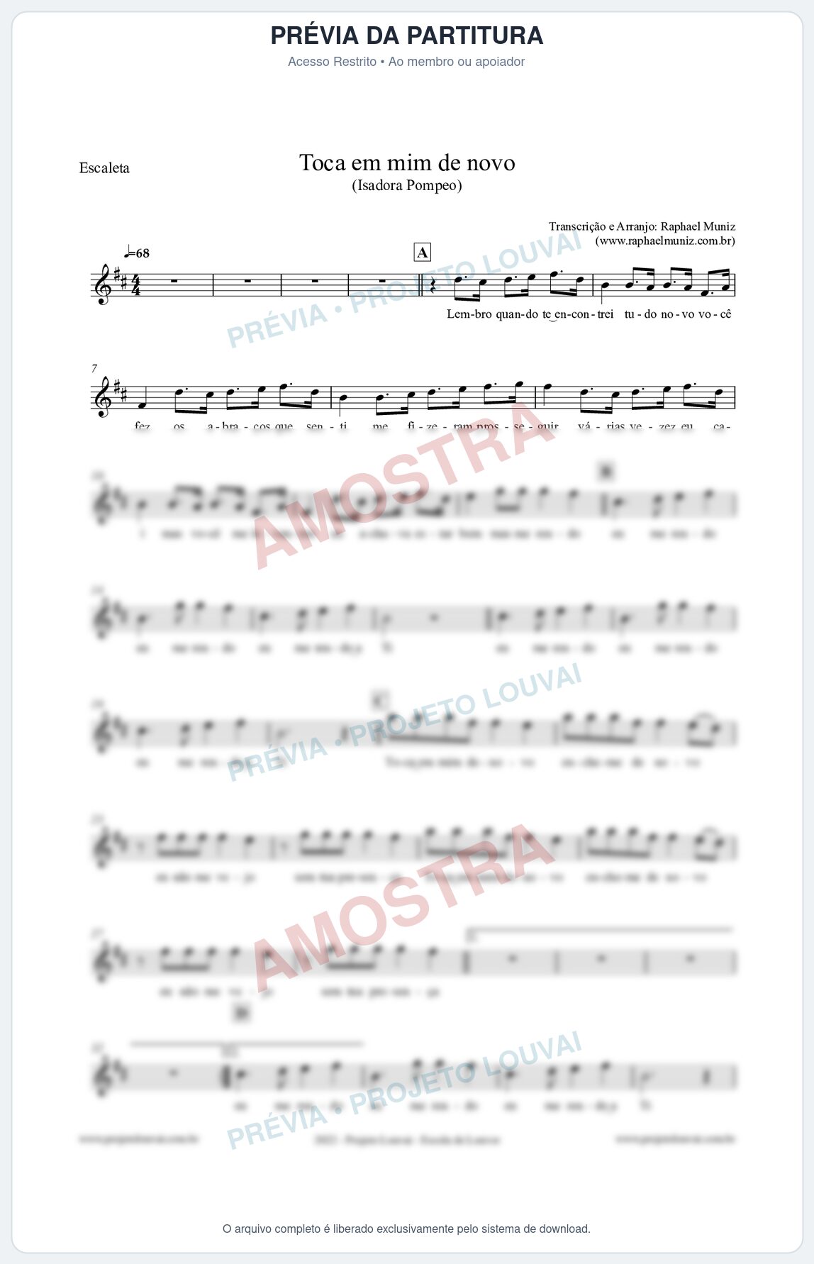 Prévia protegida da primeira página da partitura Partitura para Escaleta - Toca em mim de novo - Isadora Pompeo