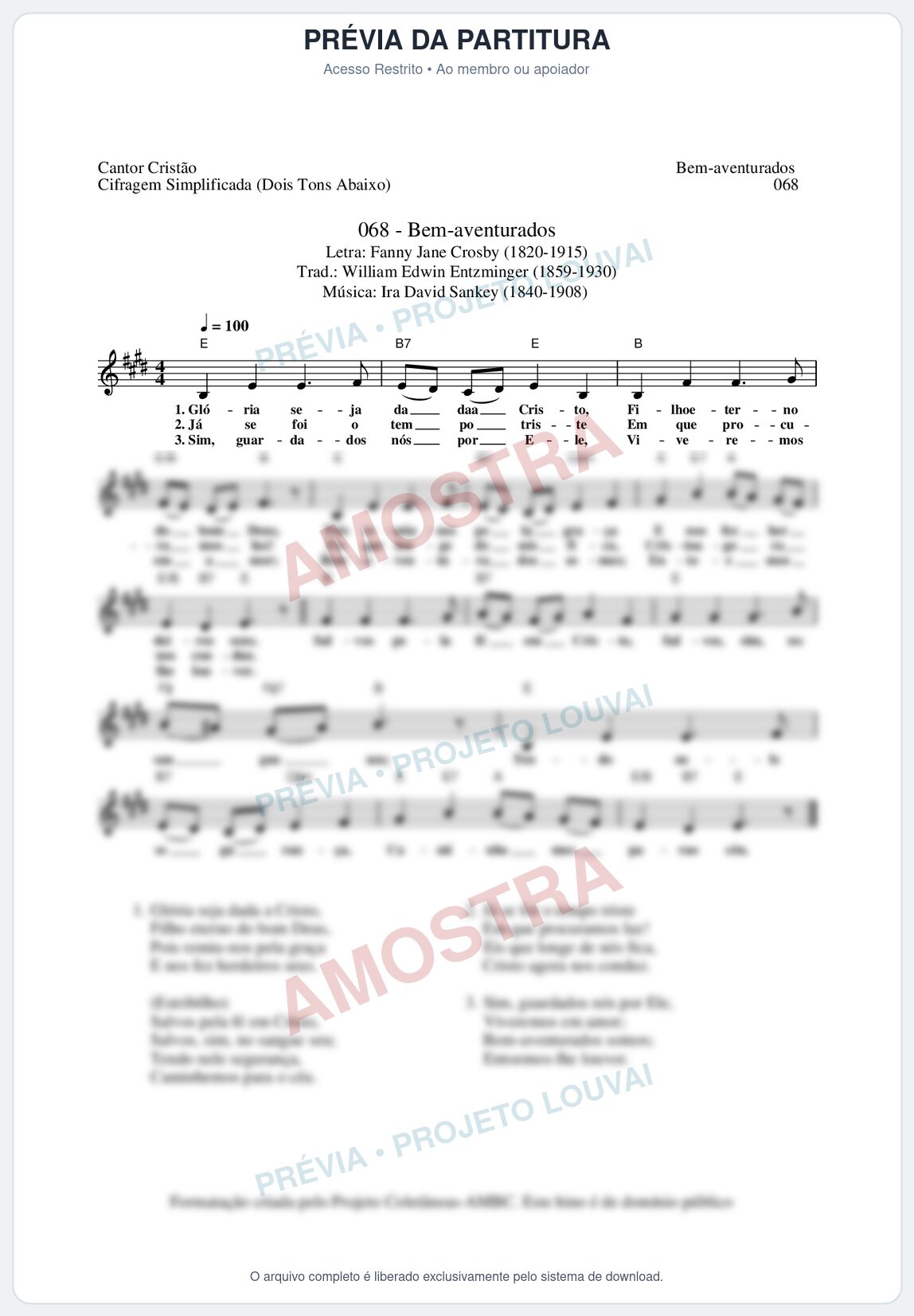 Prévia protegida da primeira página da partitura Partitura da música Bem-Aventurados (Cantor Cristão nº68) - Cantor Cristão - Tom E