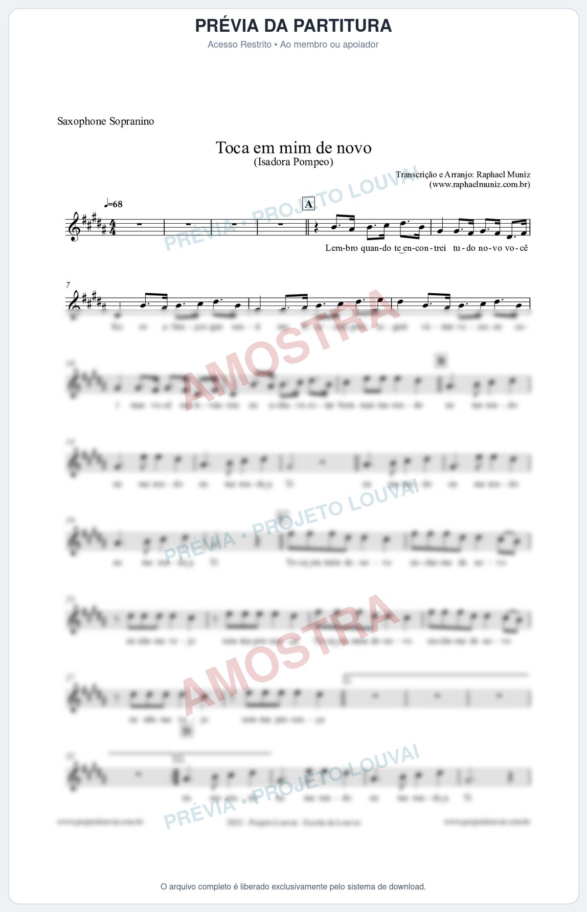 Prévia protegida da primeira página da partitura Partitura para Saxophone Sopranino - Toca em mim de novo - Isadora Pompeo