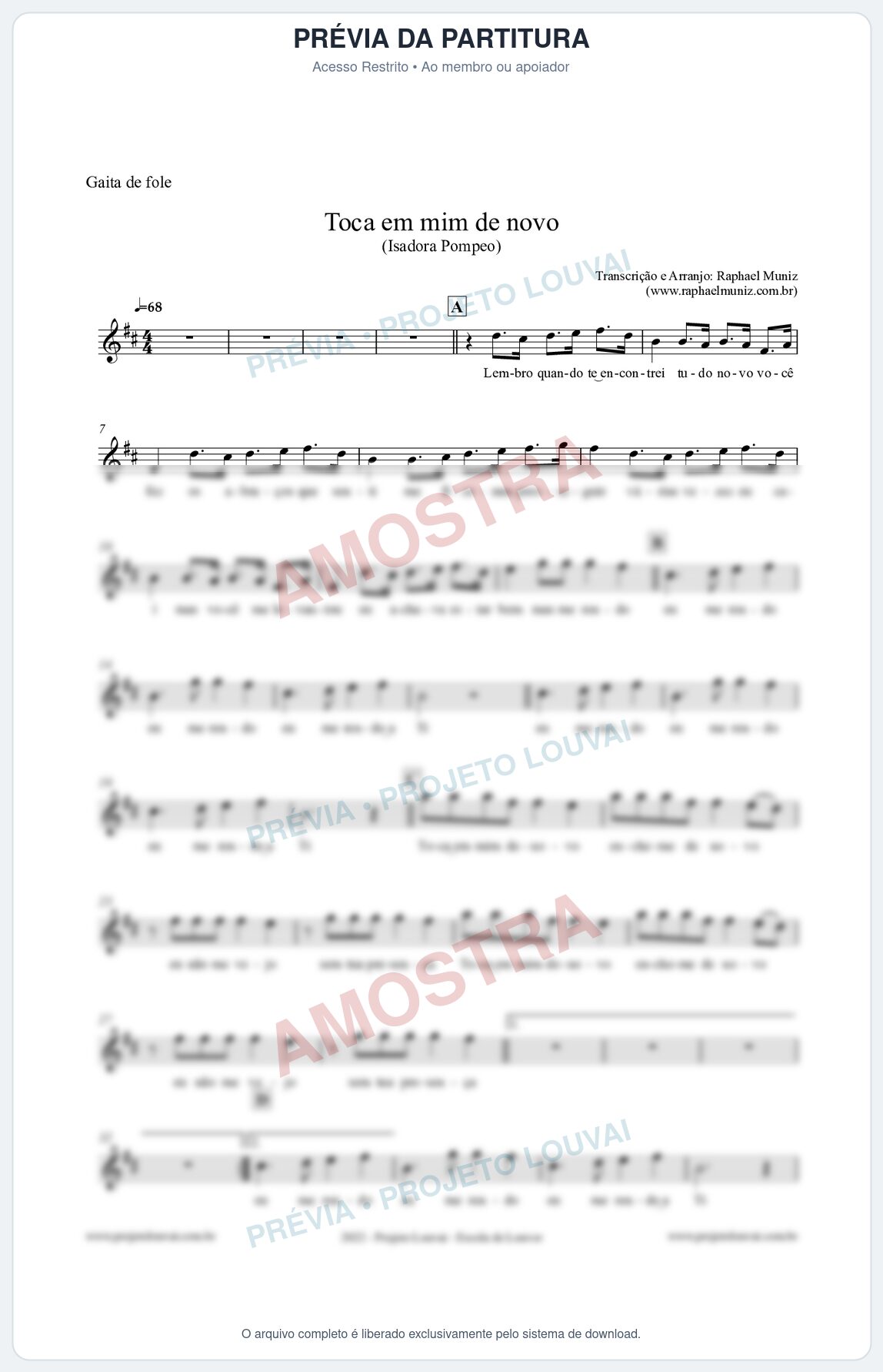 Prévia protegida da primeira página da partitura Partitura para Gaita de Fole - Toca em mim de novo - Isadora Pompeo