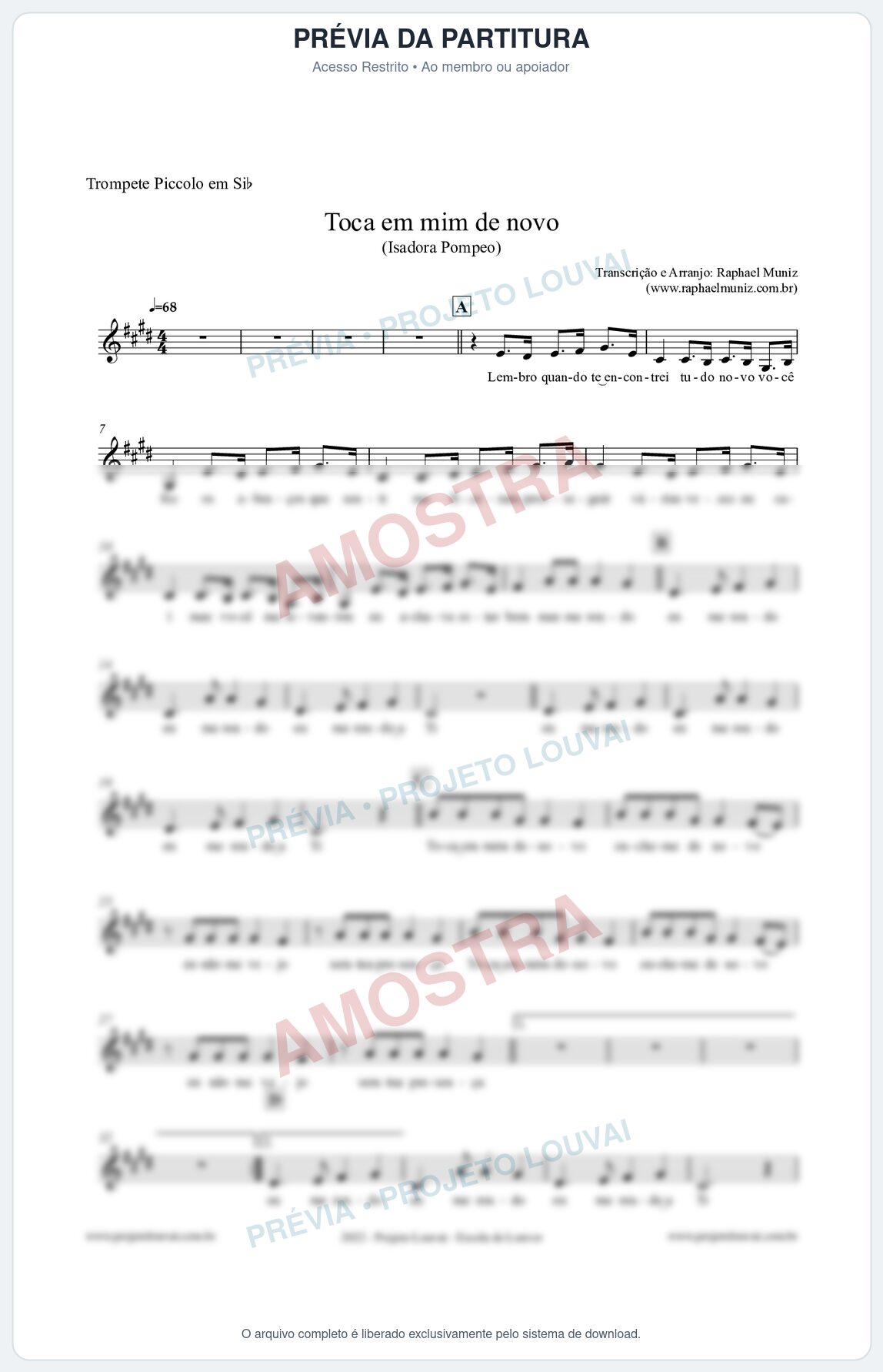 Prévia protegida da primeira página da partitura Partitura para Trompete Piccolo em Sib - Toca em mim de novo - Isadora Pompeo