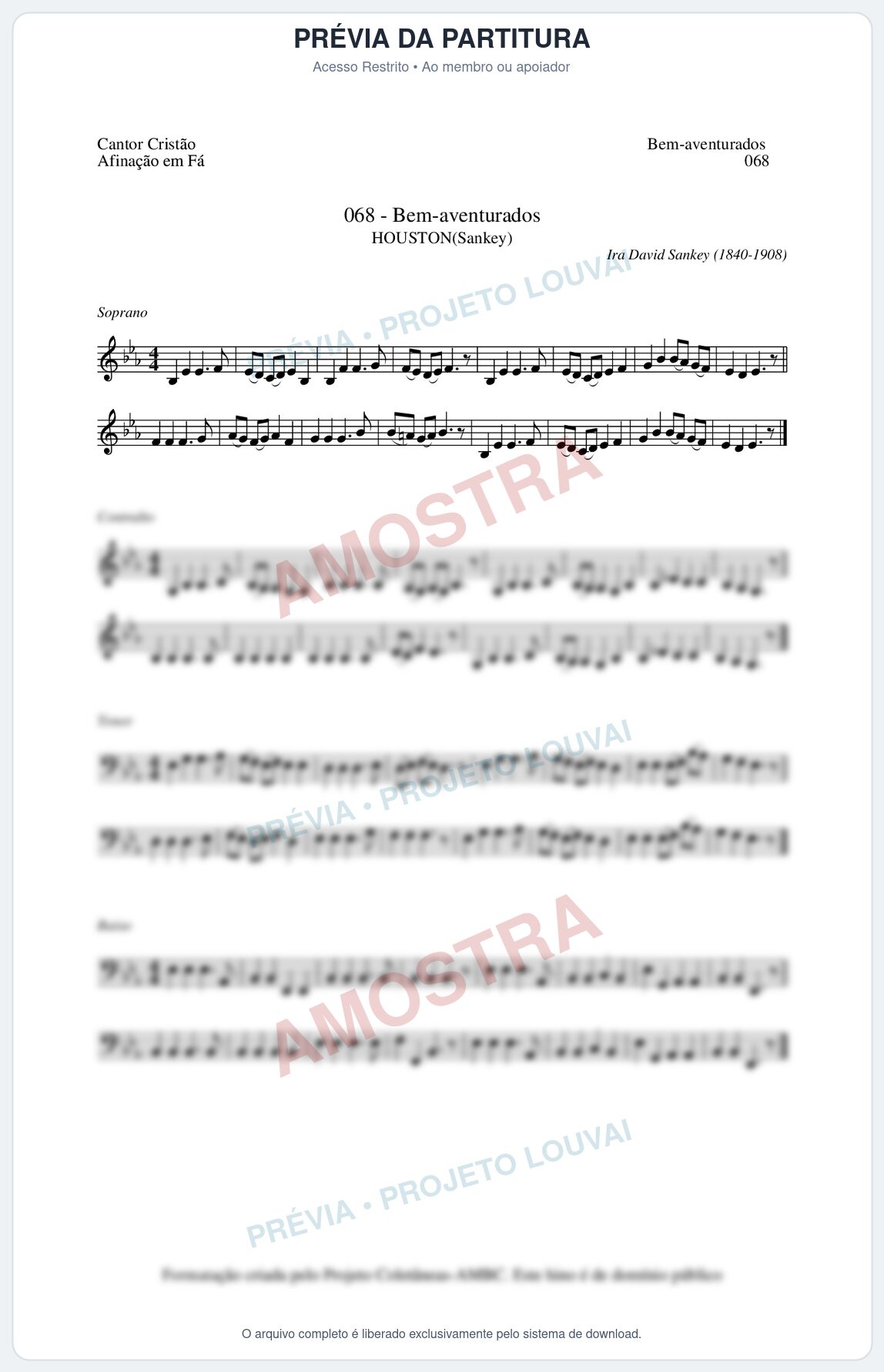Prévia protegida da primeira página da partitura Partitura da música Bem-Aventurados (Cantor Cristão nº68) - Cantor Cristão - Tom Eb