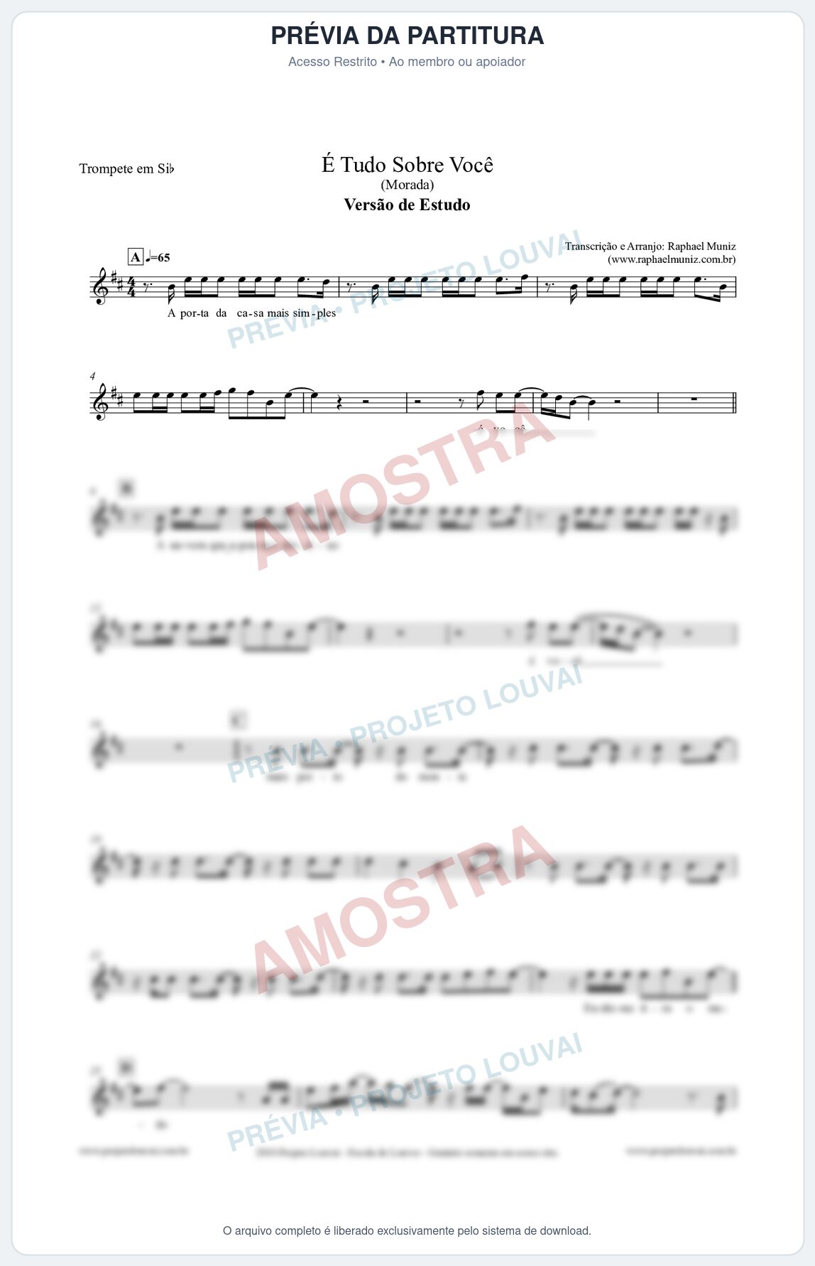 Prévia protegida da primeira página da partitura Partitura para Trompete em Bb - É Tudo Sobre Você (Versão de Estudo) - Morada