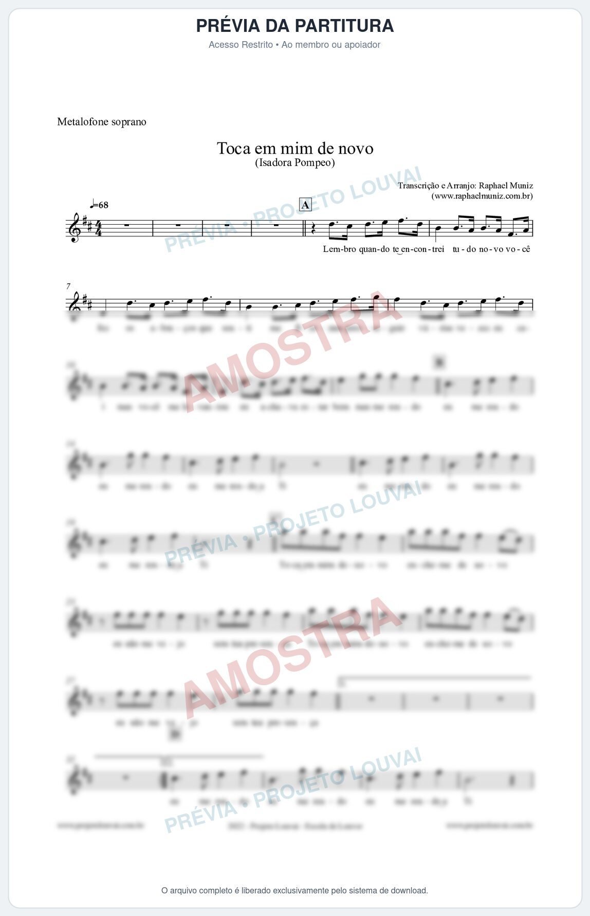 Prévia protegida da primeira página da partitura Partitura para Metalofone soprano - Toca em mim de novo - Isadora Pompeo