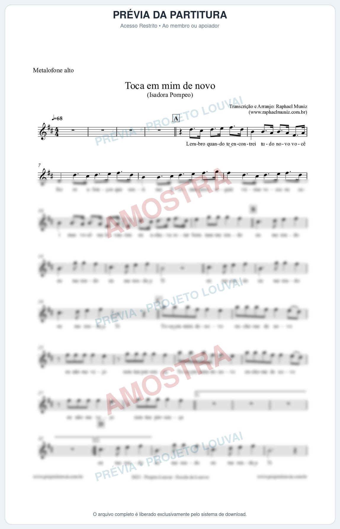 Prévia protegida da primeira página da partitura Partitura para Metalofone alto - Toca em mim de novo - Isadora Pompeo