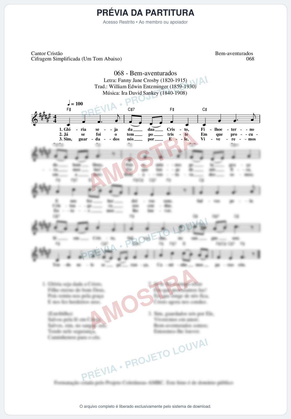 Prévia protegida da primeira página da partitura Partitura da música Bem-Aventurados (Cantor Cristão nº68) - Cantor Cristão - Tom F#